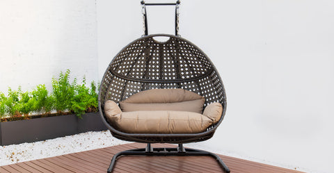 Wicker Hanging Double Egg Charcoal Swing Chair with an Iron Base