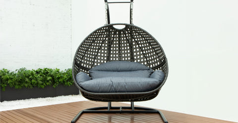 Wicker Hanging Double Egg Charcoal Swing Chair with an Iron Base