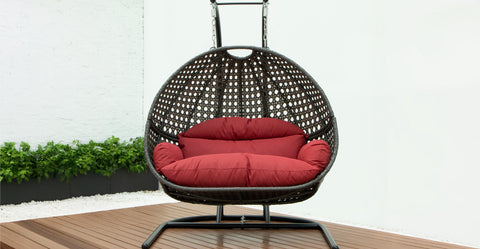 Wicker Hanging Double Egg Charcoal Swing Chair with an Iron Base