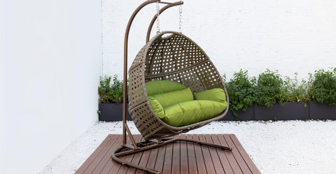 Wicker Hanging Double Egg Beige Swing Chair with an Iron Base