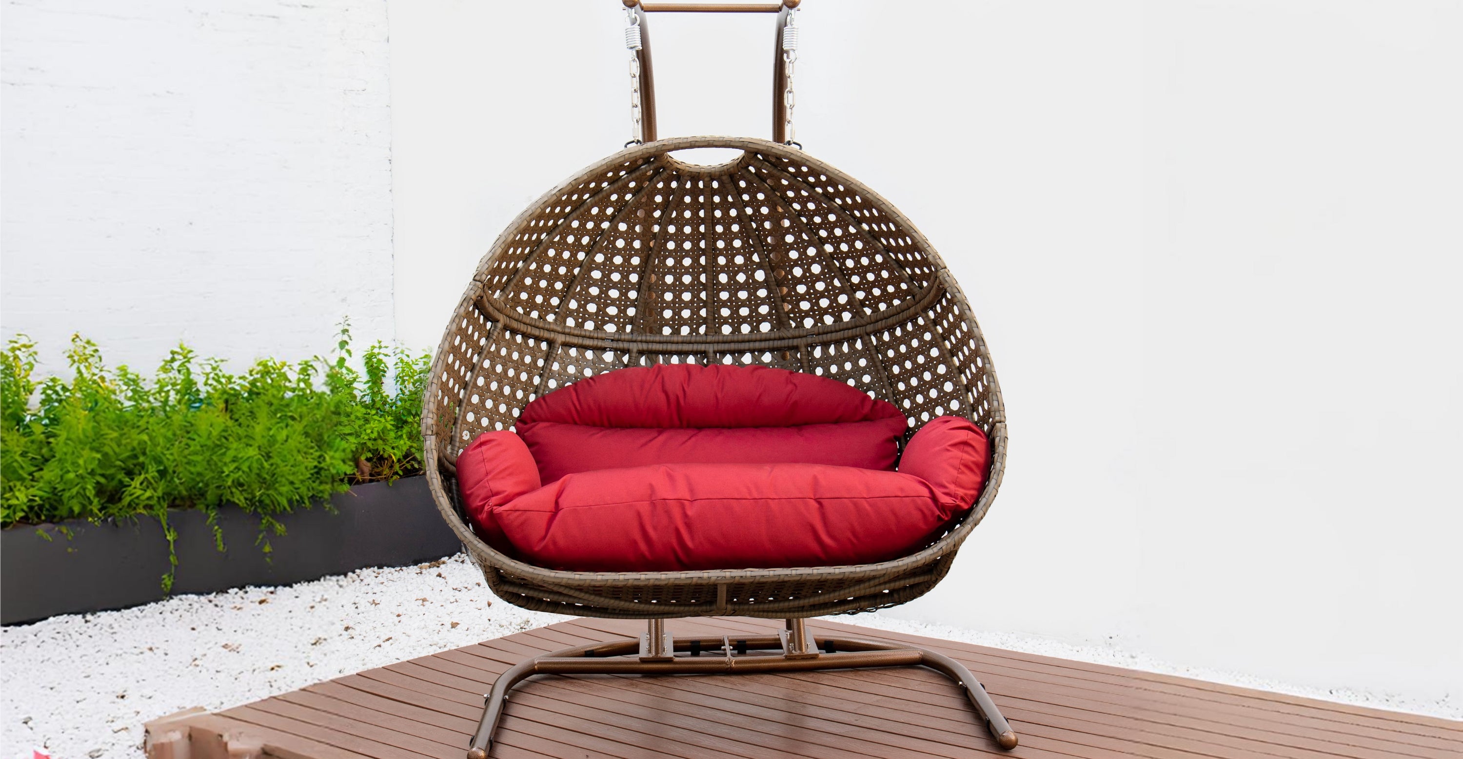 Wicker Hanging Double Egg Beige Swing Chair with an Iron Base