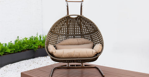 Wicker Hanging Double Egg Beige Swing Chair with an Iron Base