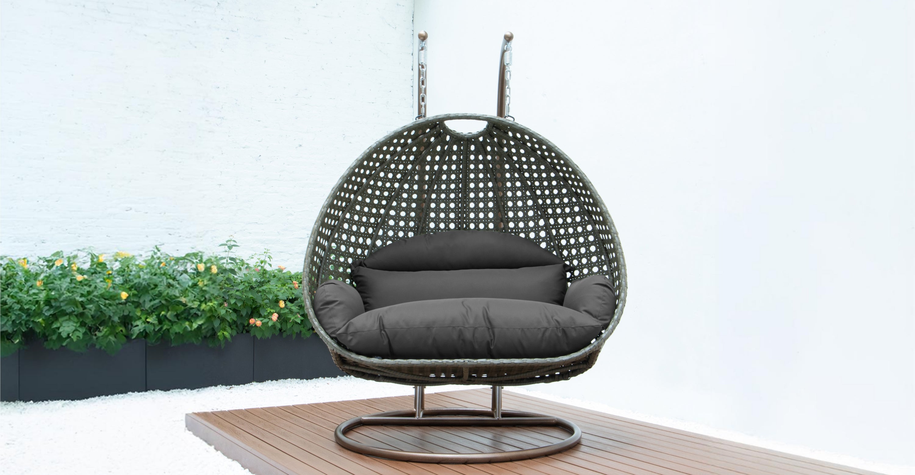 Modern Beige Wicker Hanging Double Seater Egg Swing Chair