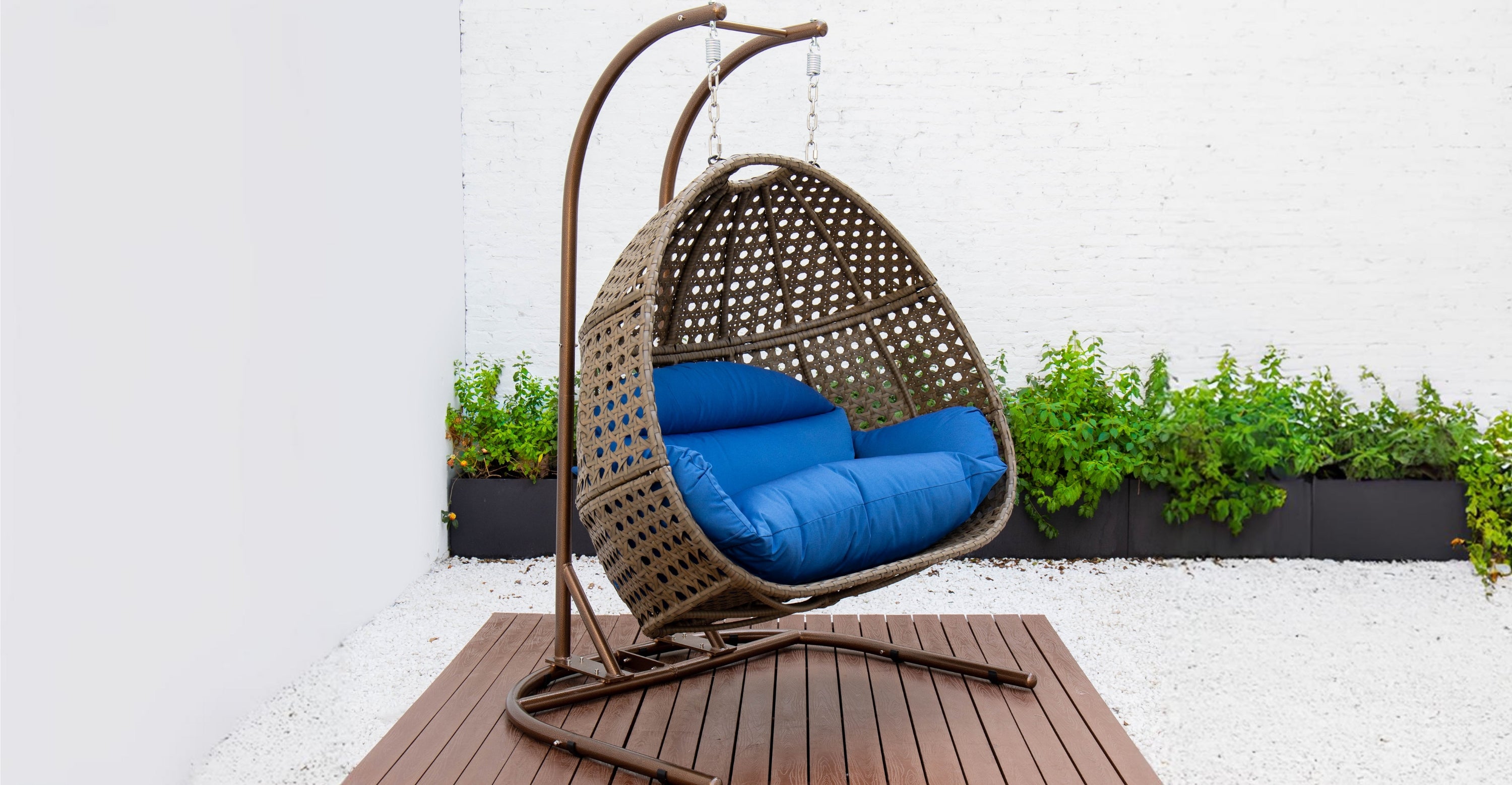 Wicker Hanging Double Egg Beige Swing Chair with an Iron Base