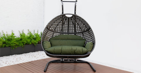 Wicker Hanging Double Egg Charcoal Swing Chair with an Iron Base