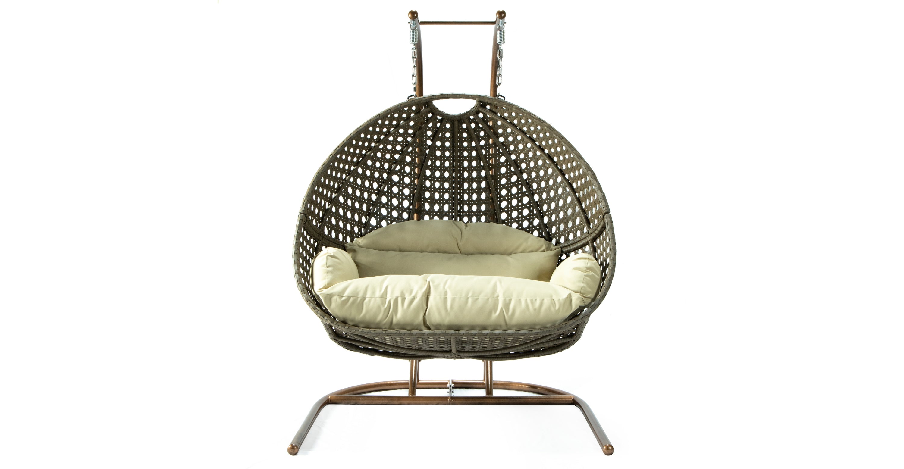 Wicker Hanging Double Egg Beige Swing Chair with an Iron Base