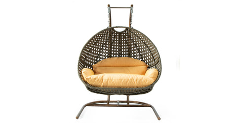 Wicker Hanging Double Egg Beige Swing Chair with an Iron Base