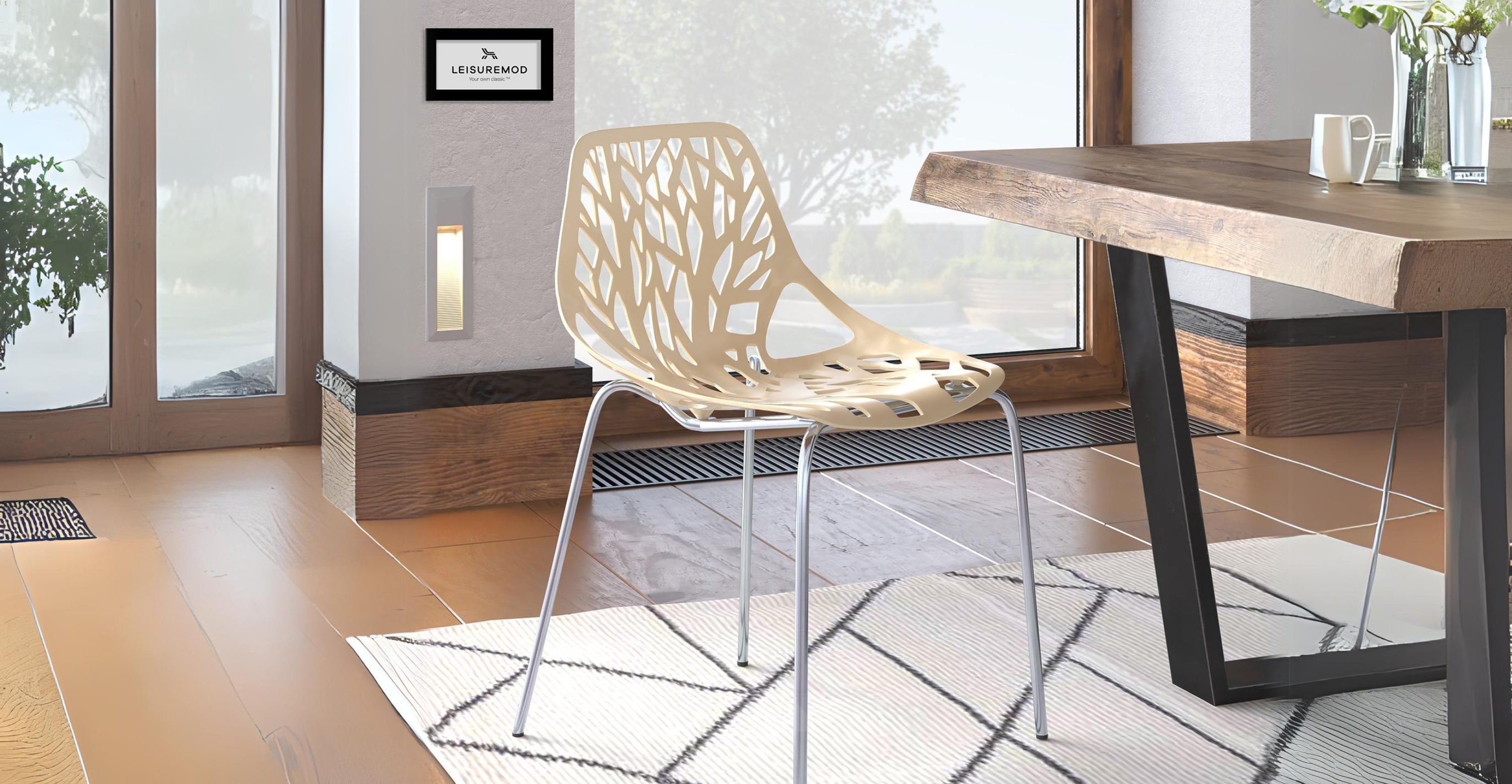 Asbury Polypropylene Dining Side Chair with Forest Cut-Out Design in Chrome