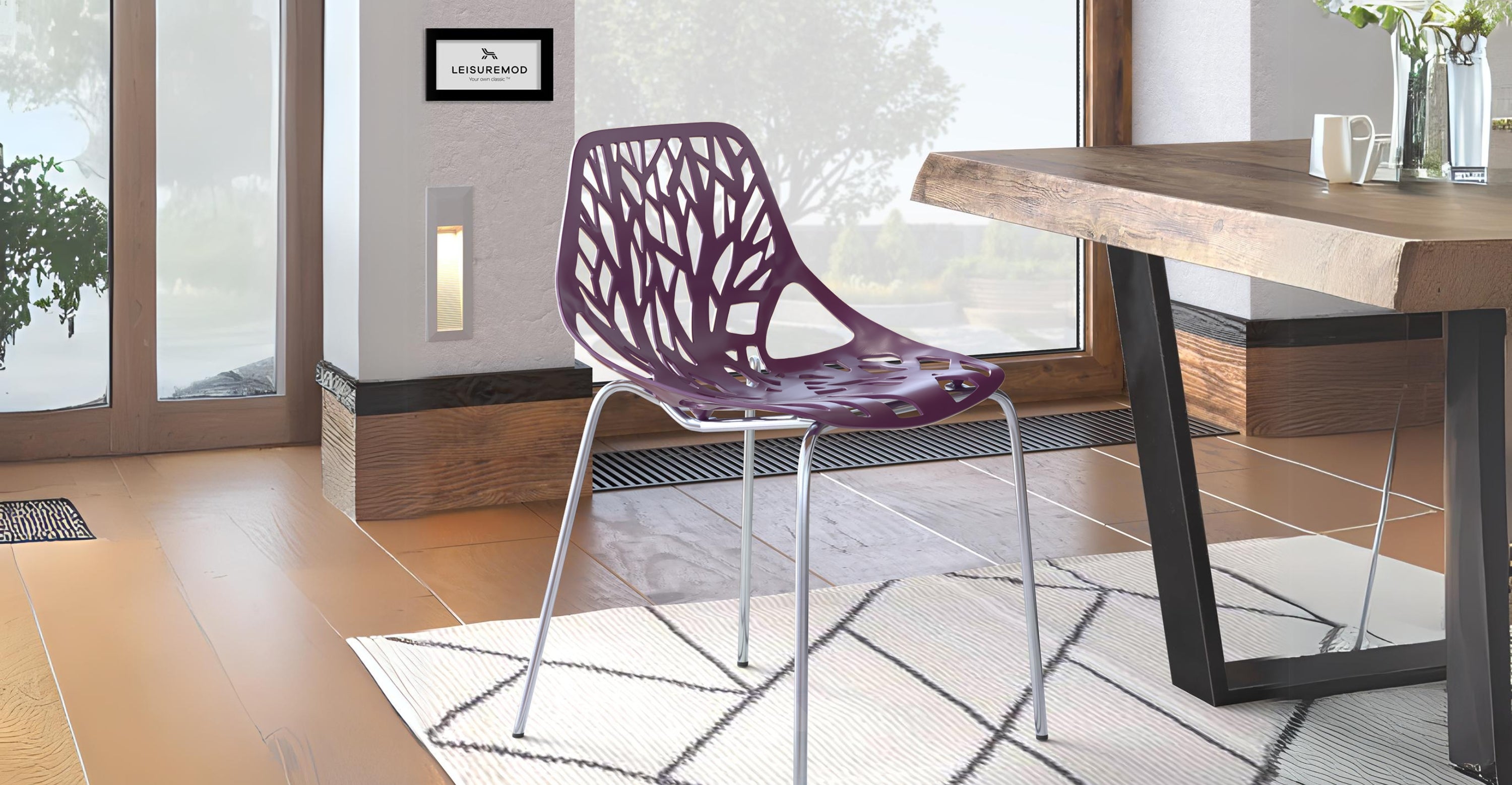 Asbury Polypropylene Dining Side Chair with Forest Cut-Out Design in Chrome