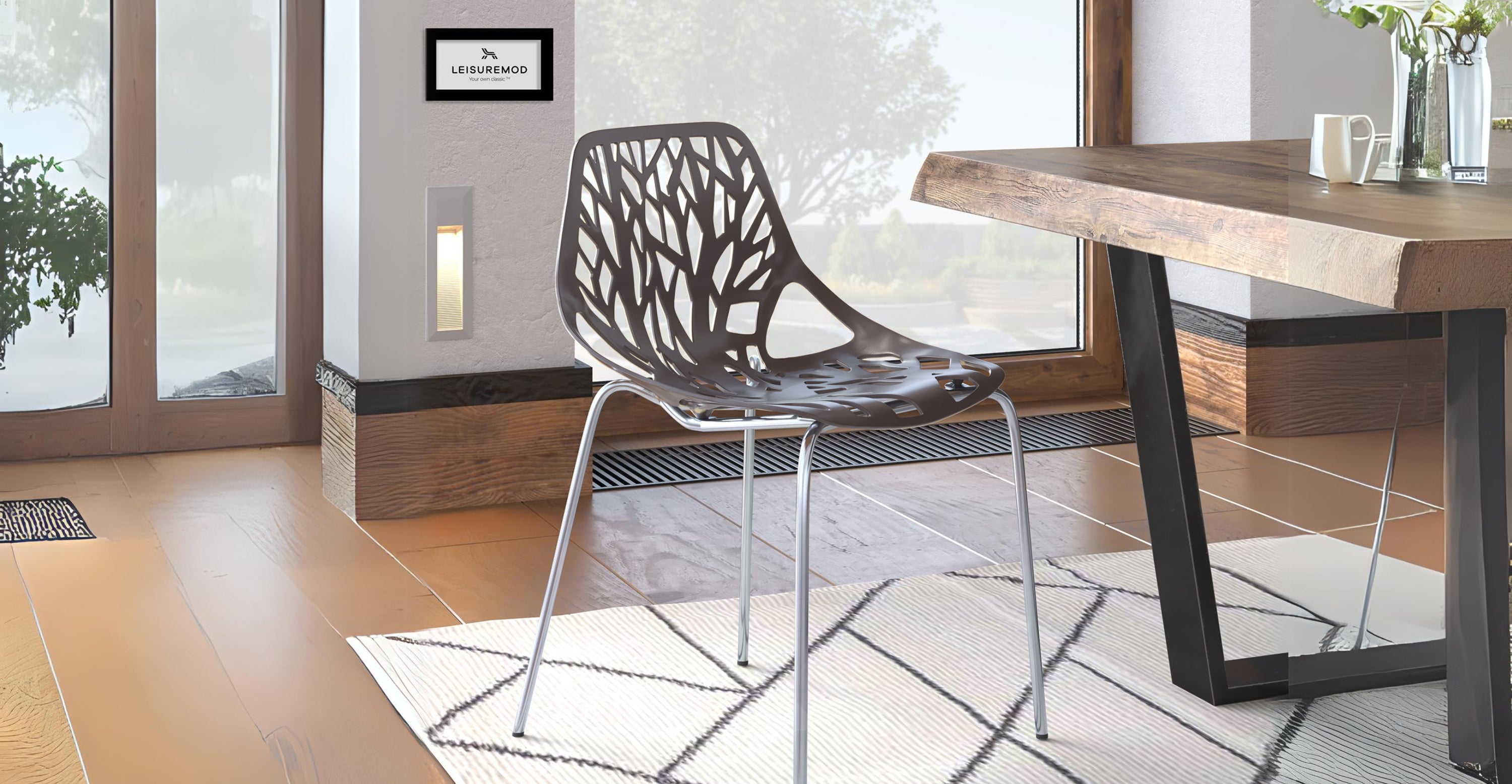 Asbury Polypropylene Dining Side Chair with Forest Cut-Out Design in Chrome