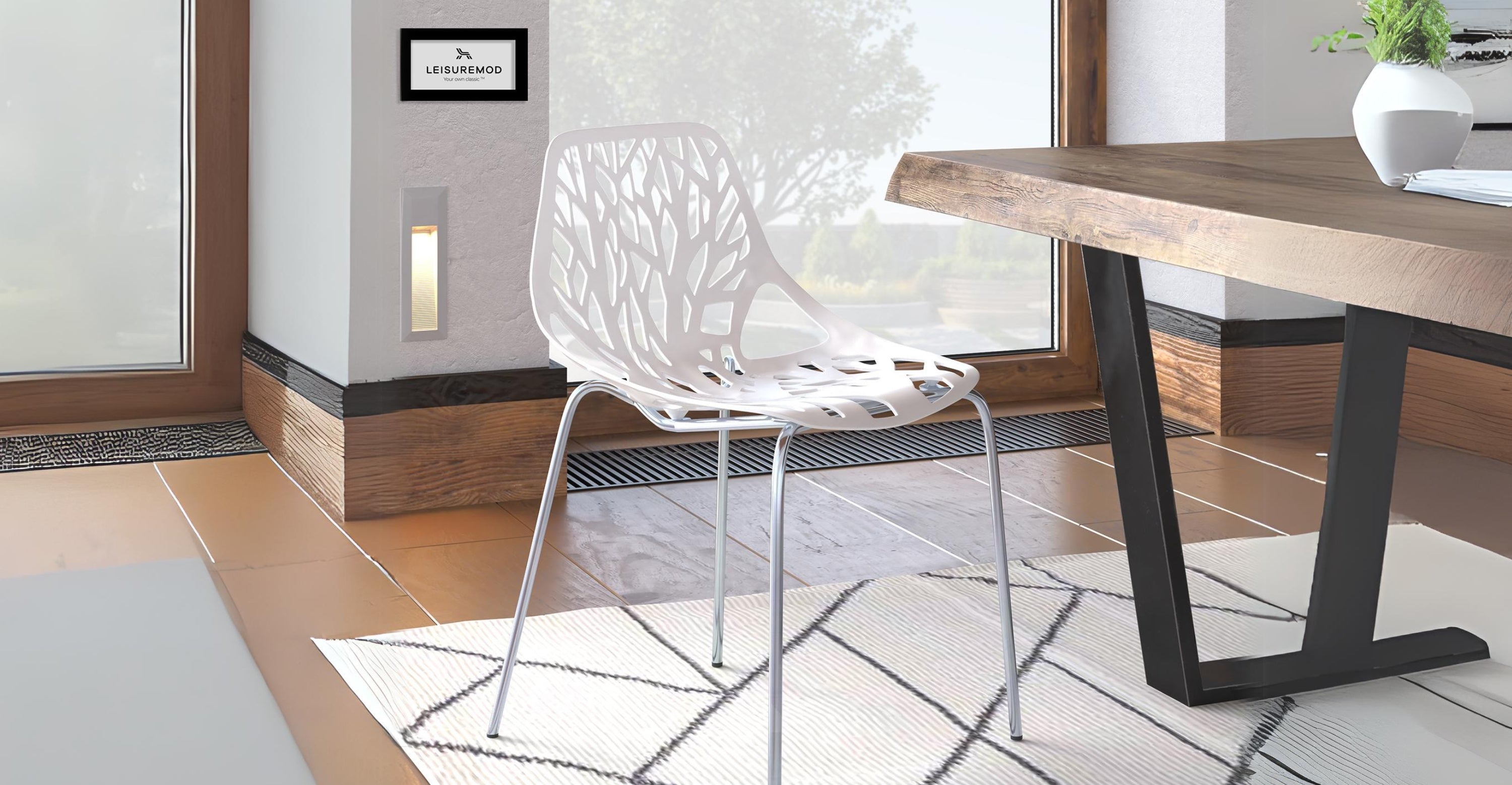 Asbury Polypropylene Dining Side Chair with Forest Cut-Out Design in Chrome