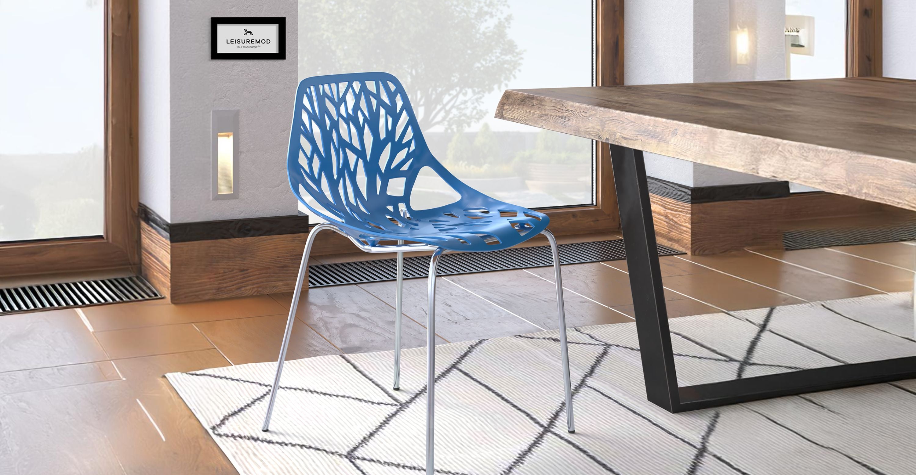 Asbury Polypropylene Dining Side Chair with Forest Cut-Out Design in Chrome Blue