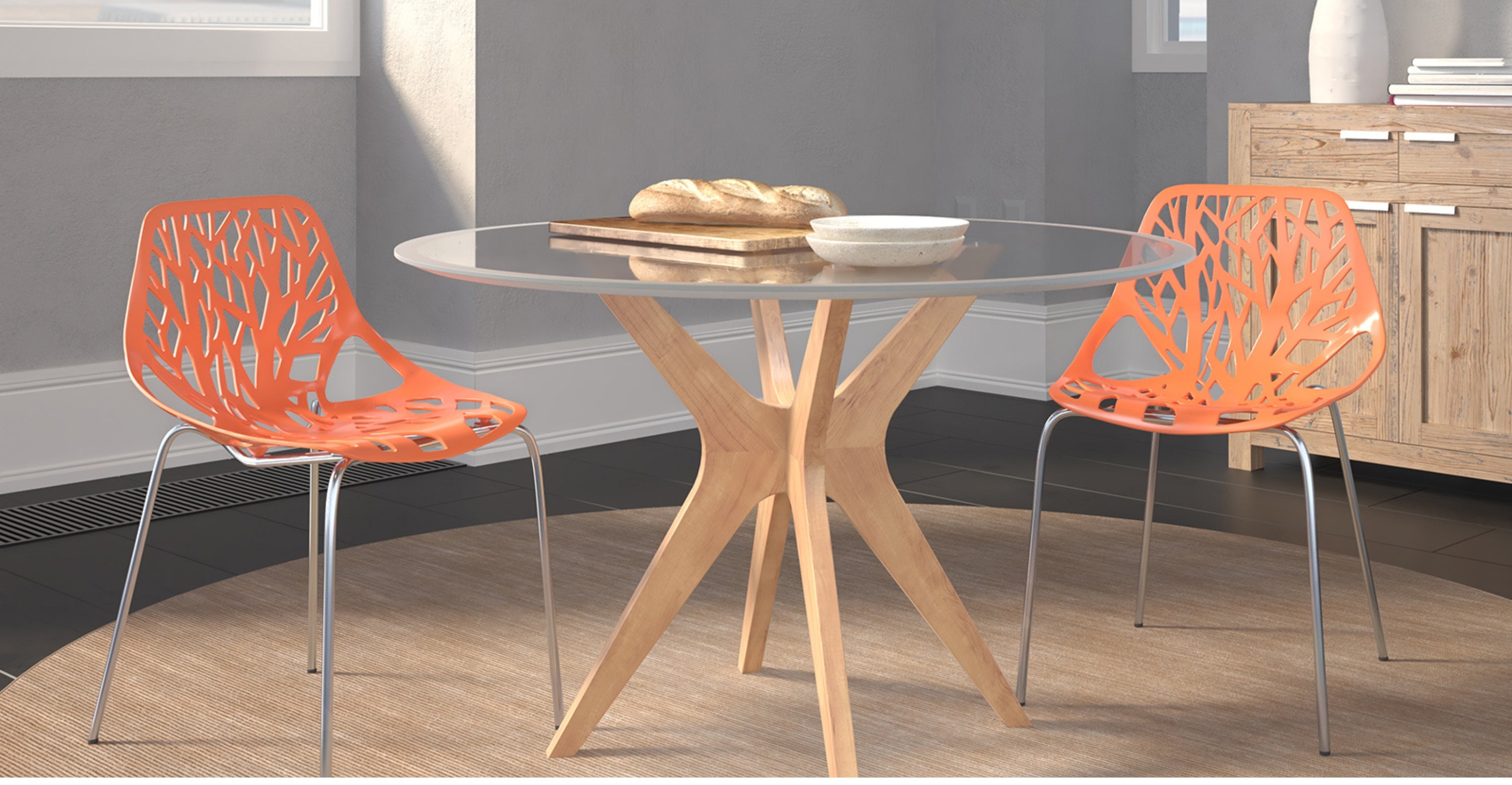 Asbury Polypropylene Dining Side Chair with Forest Cut-Out Design in Chrome Orange