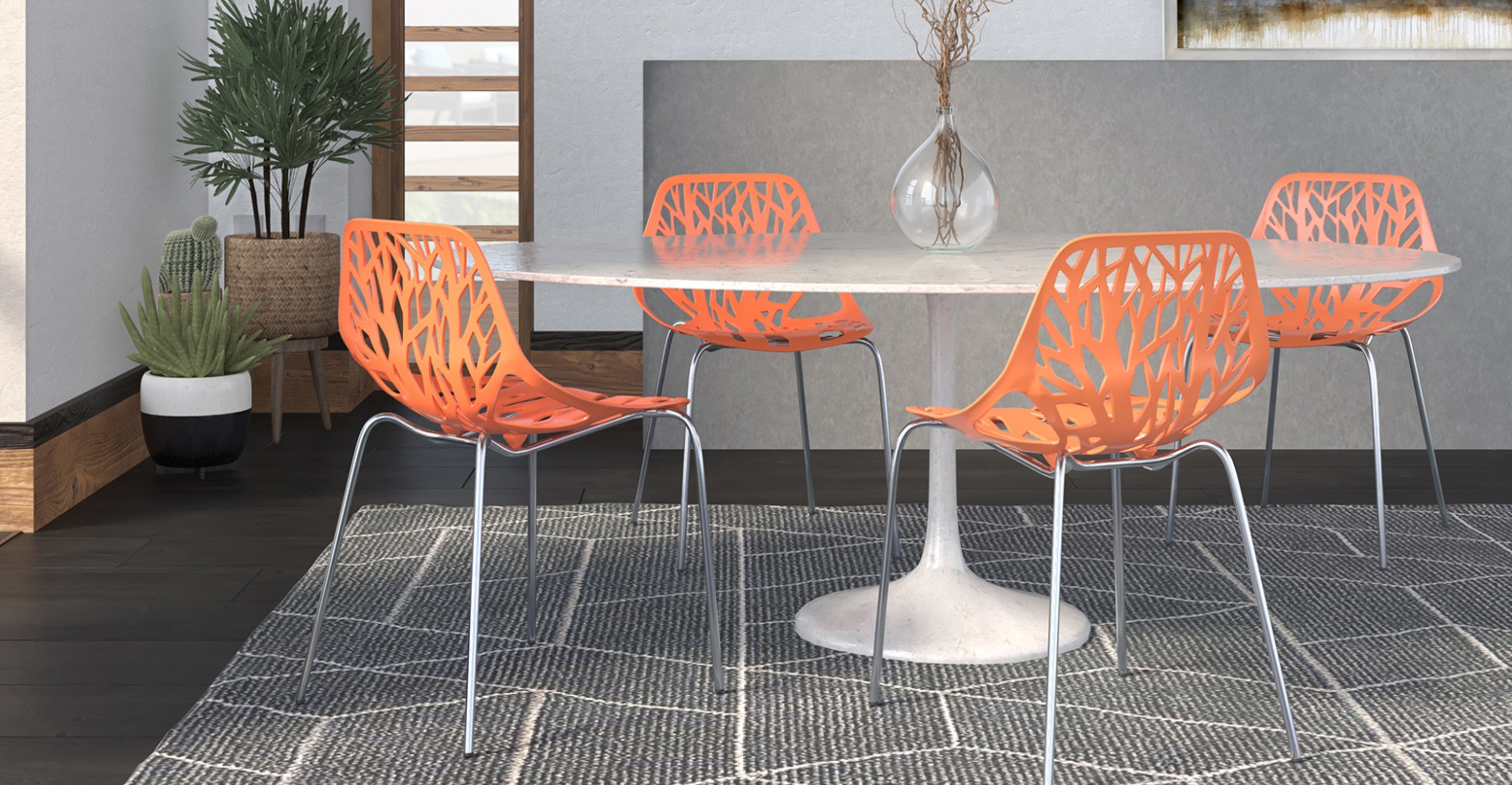 Asbury Polypropylene Dining Side Chair with Forest Cut-Out Design in Chrome Orange