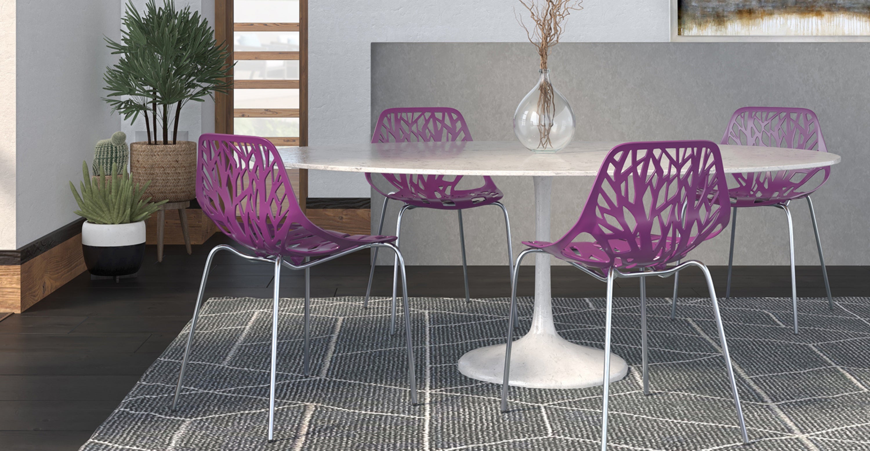 Asbury Polypropylene Dining Side Chair with Forest Cut-Out Design in Chrome Purple