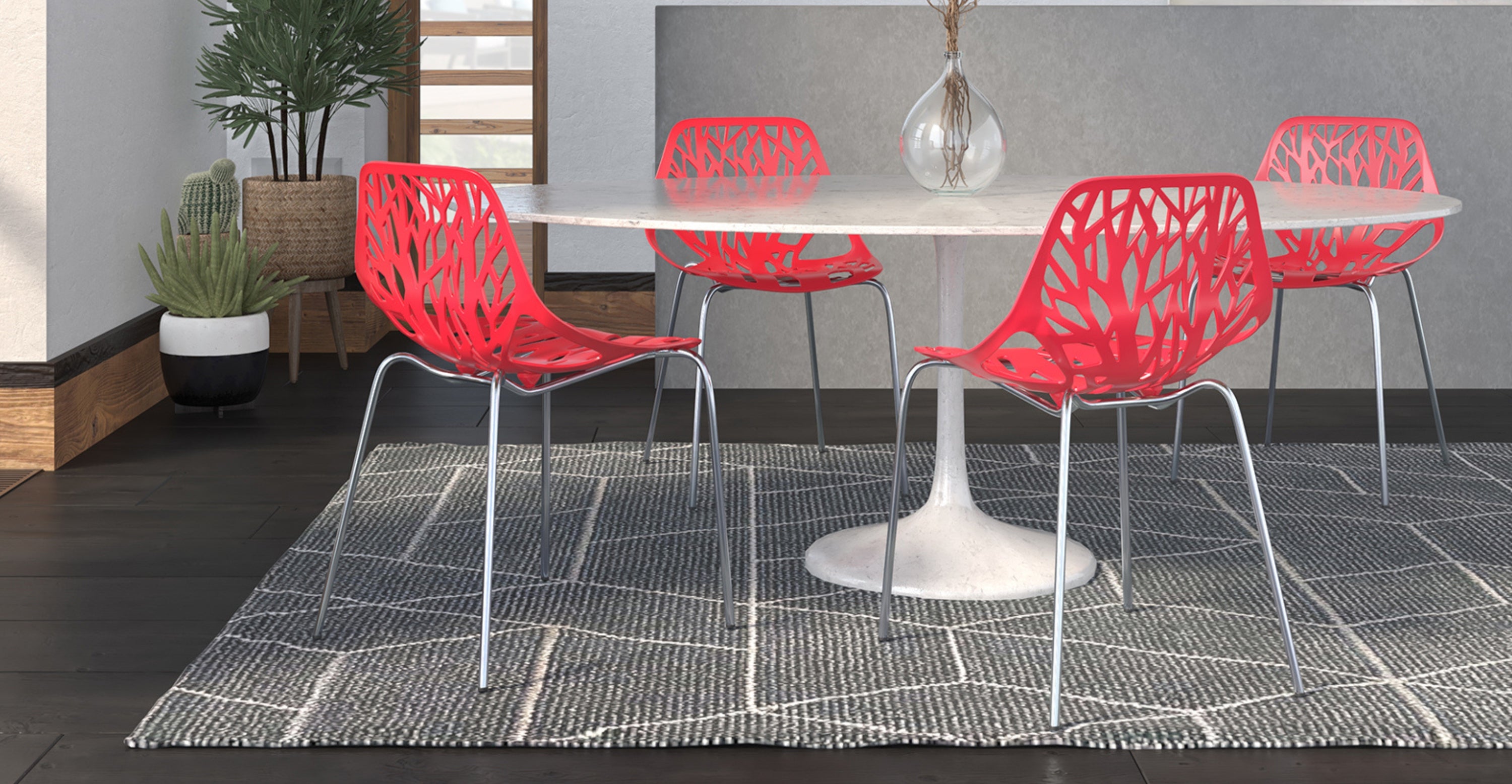 Asbury Polypropylene Dining Side Chair with Forest Cut-Out Design in Chrome Red