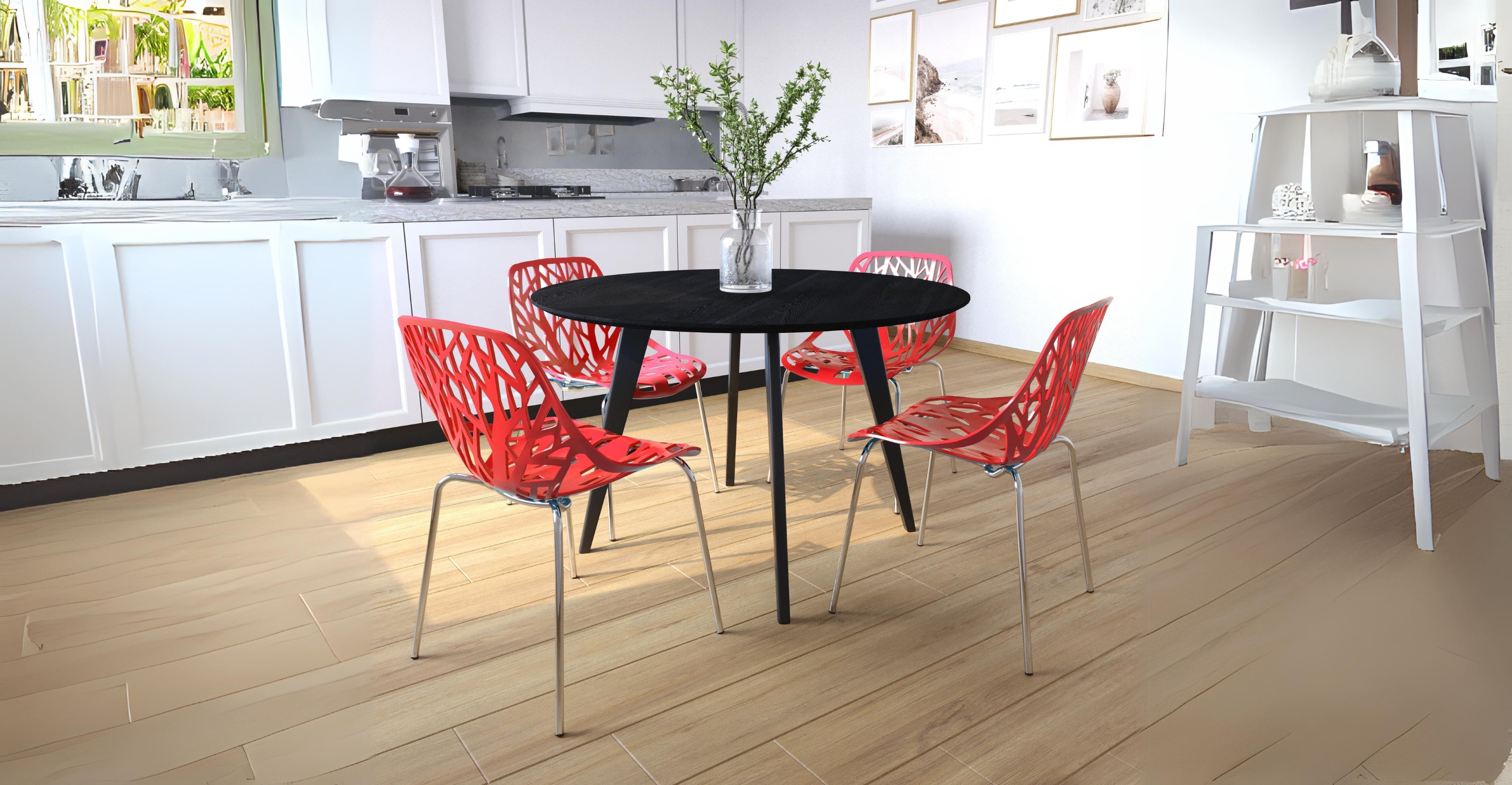 Asbury Polypropylene Dining Side Chair with Forest Cut-Out Design in Chrome Red