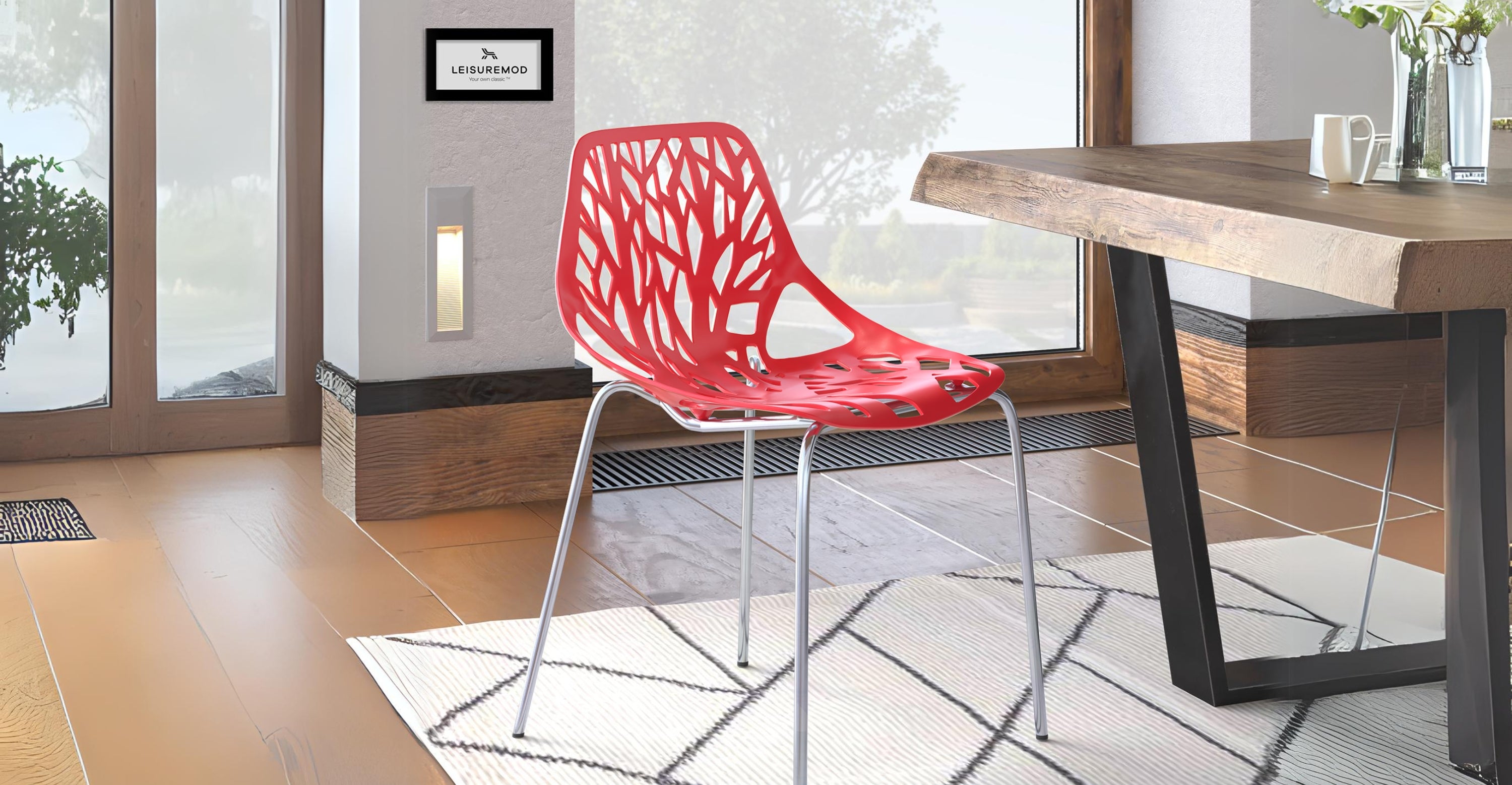 Asbury Polypropylene Dining Side Chair with Forest Cut-Out Design in Chrome Red