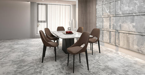 Amalfi Upholstered Fabric Dining Chair with a Curved Open Back Design in Black Iron Light Brown