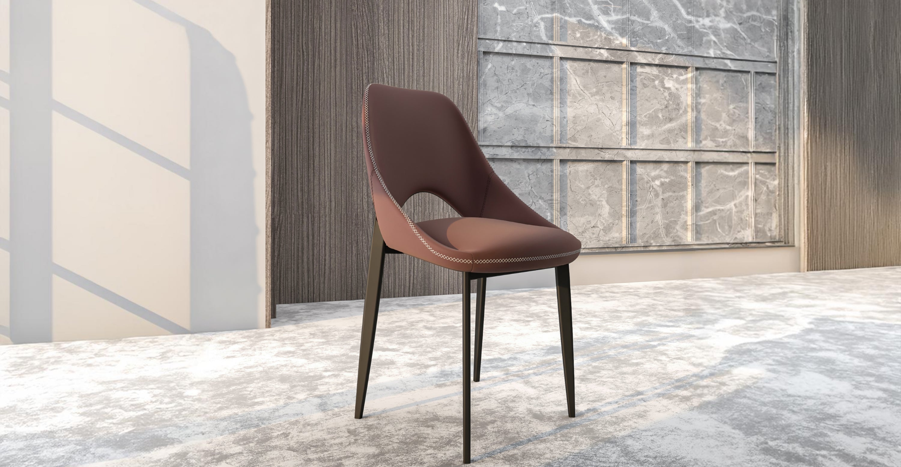 Amalfi Upholstered Fabric Dining Chair with a Curved Open Back Design in Black Iron Plum Purple