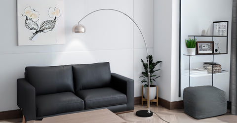 Arco Modern 76" Arched Floor Lamp: Black Marble Base & Metal Dome Shade Silver