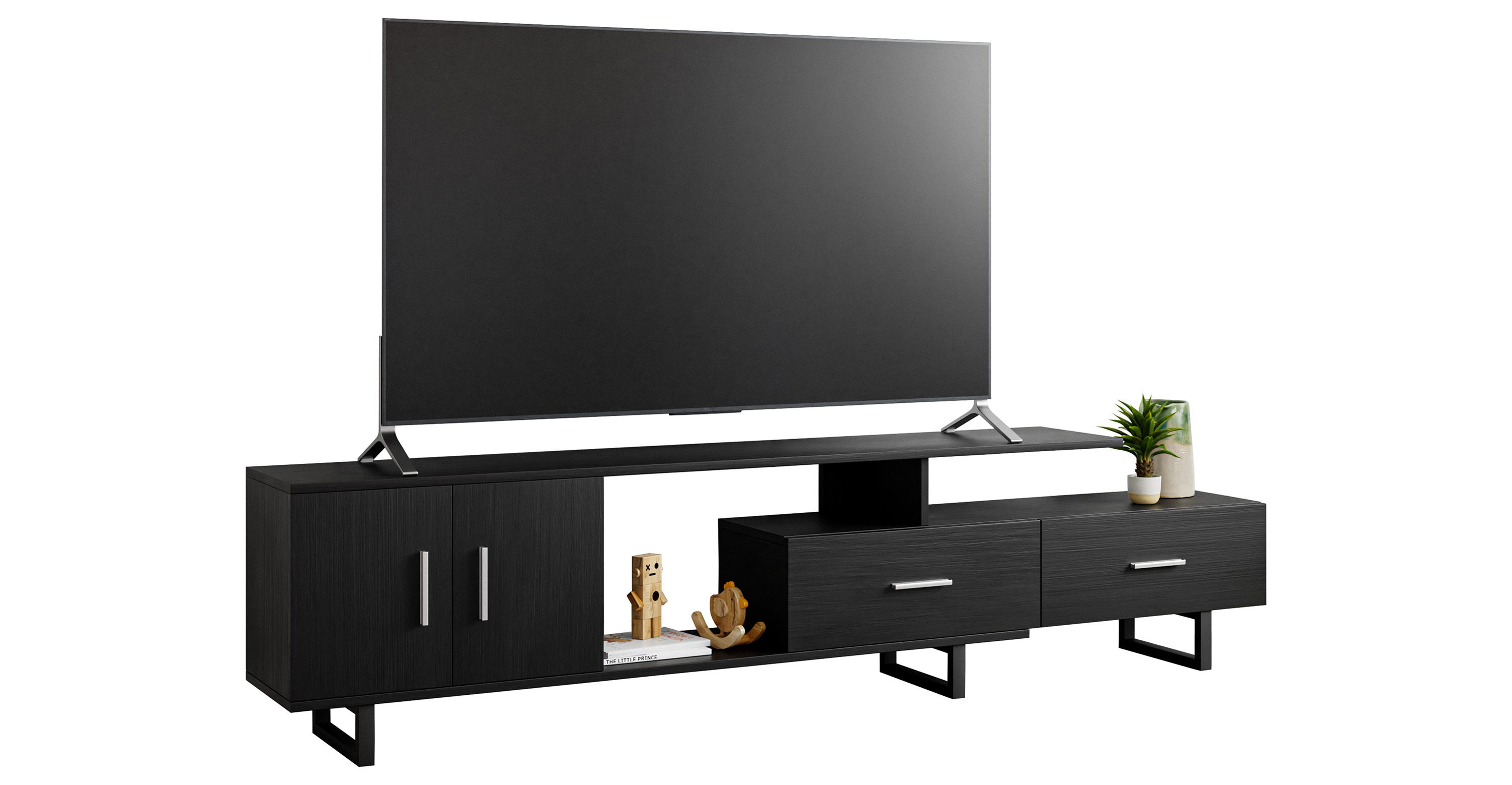 Avery Mid-Century Modern TV Stand with MDF Cabinet and Powder Coated Steel Legs Ebony