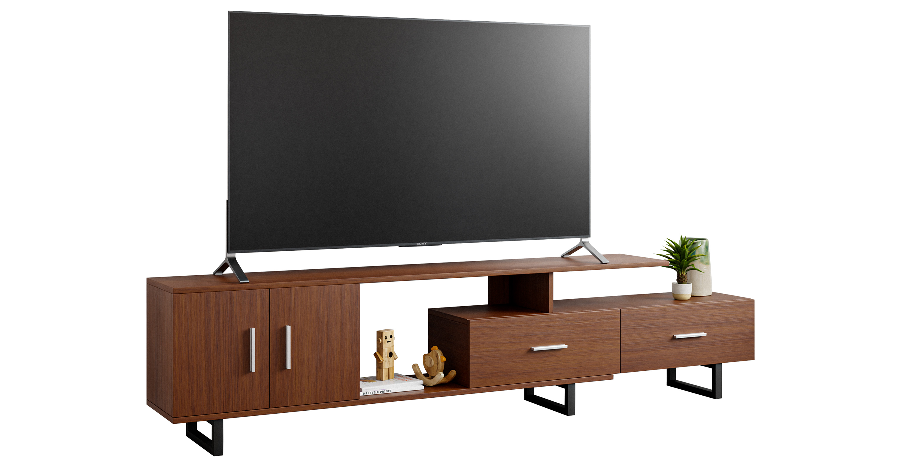 Avery Mid-Century Modern TV Stand with MDF Cabinet and Powder Coated Steel Legs Walnut