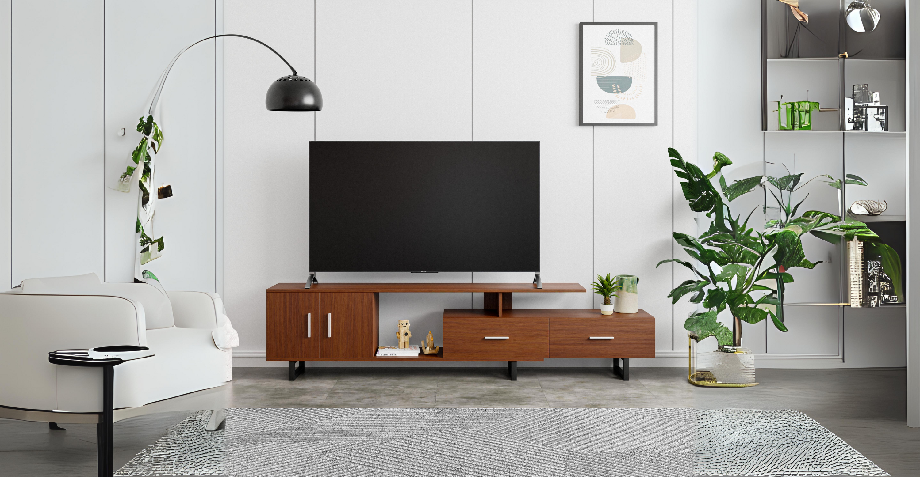 Avery Mid-Century Modern TV Stand with MDF Cabinet and Powder Coated Steel Legs Walnut