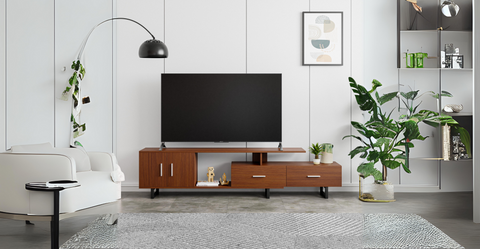 Avery Mid-Century Modern TV Stand with MDF Cabinet and Powder Coated Steel Legs Walnut