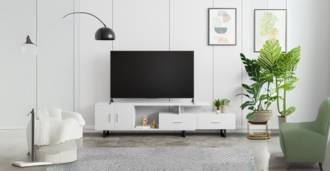 Avery Mid-Century Modern TV Stand with MDF Cabinet and Powder Coated Steel Legs White