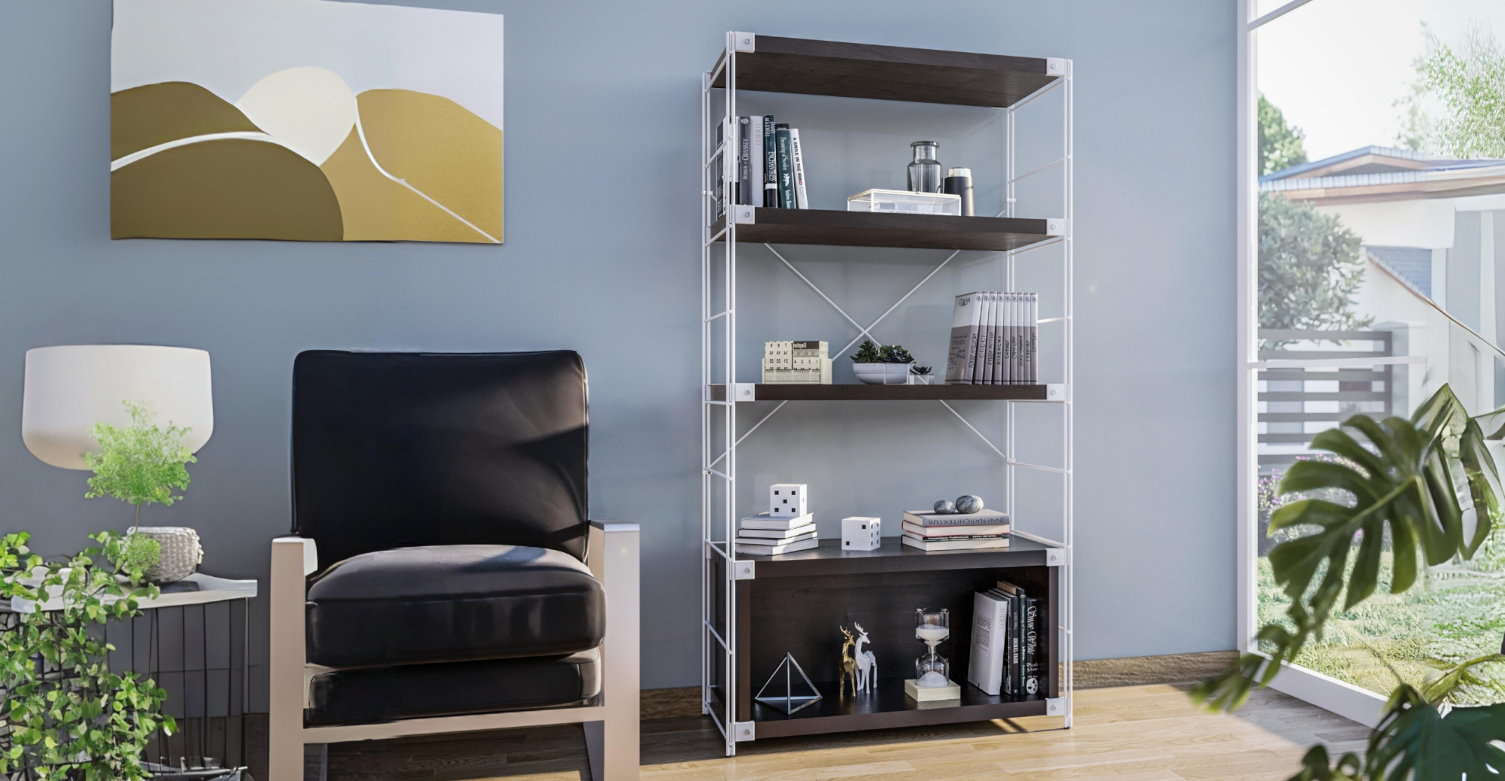 Brentwood Etagere Bookcase with White Powder Coated Steel Frame and Melamine Board Shelves Black