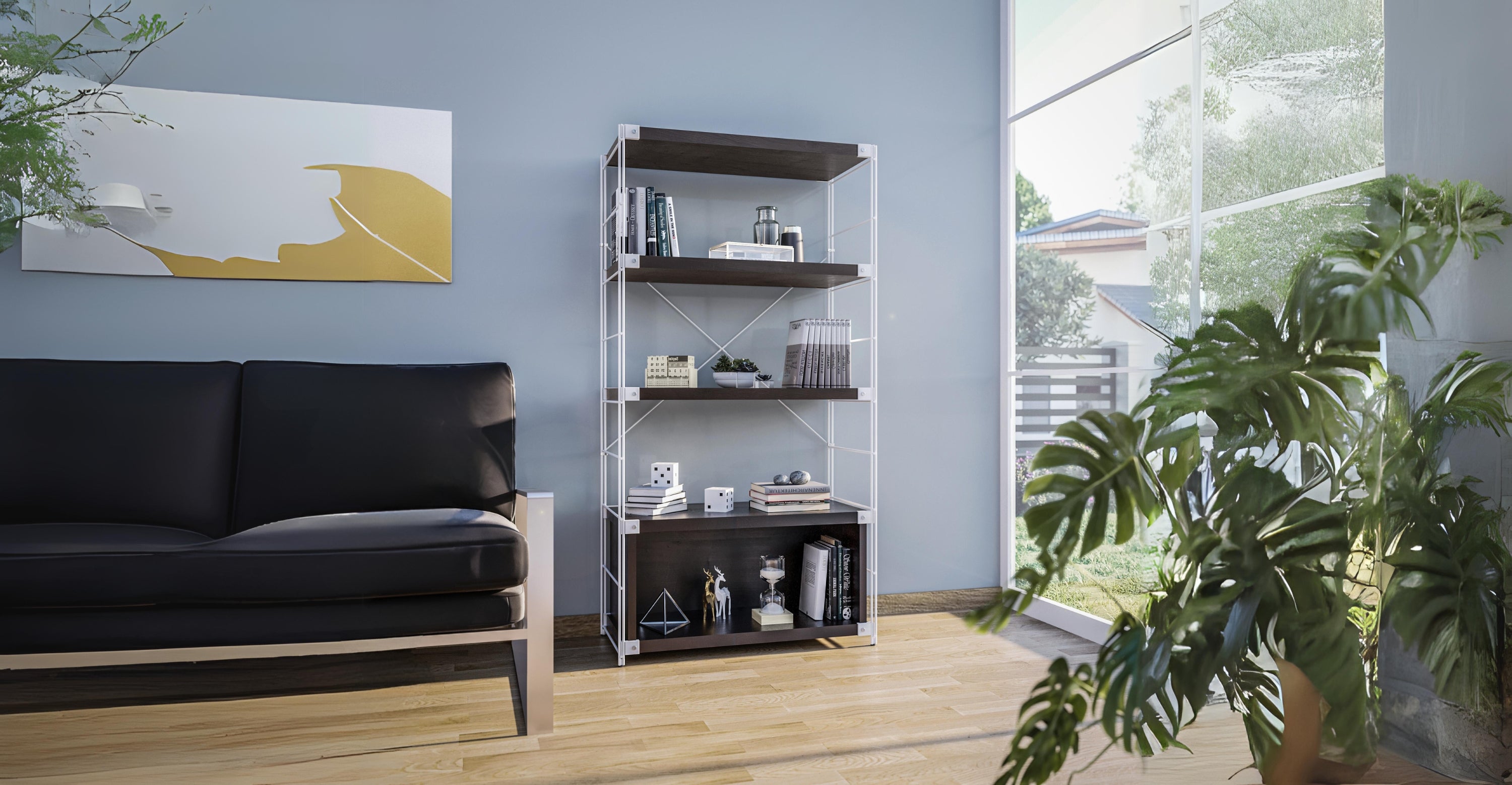 Brentwood Etagere Bookcase with White Powder Coated Steel Frame and Melamine Board Shelves Dark Walnut