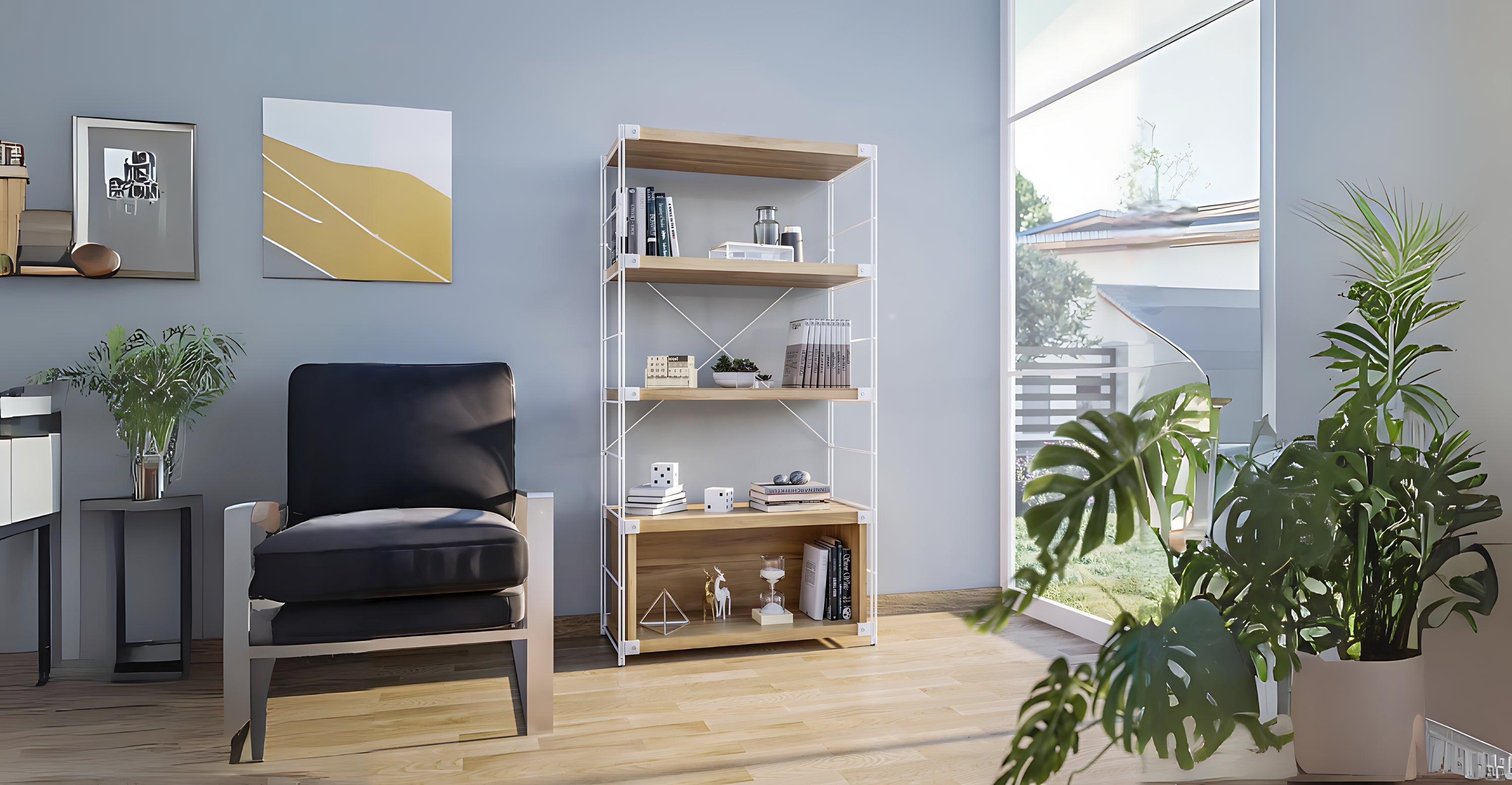 Brentwood Etagere Bookcase with White Powder Coated Steel Frame and Melamine Board Shelves Natural Wood