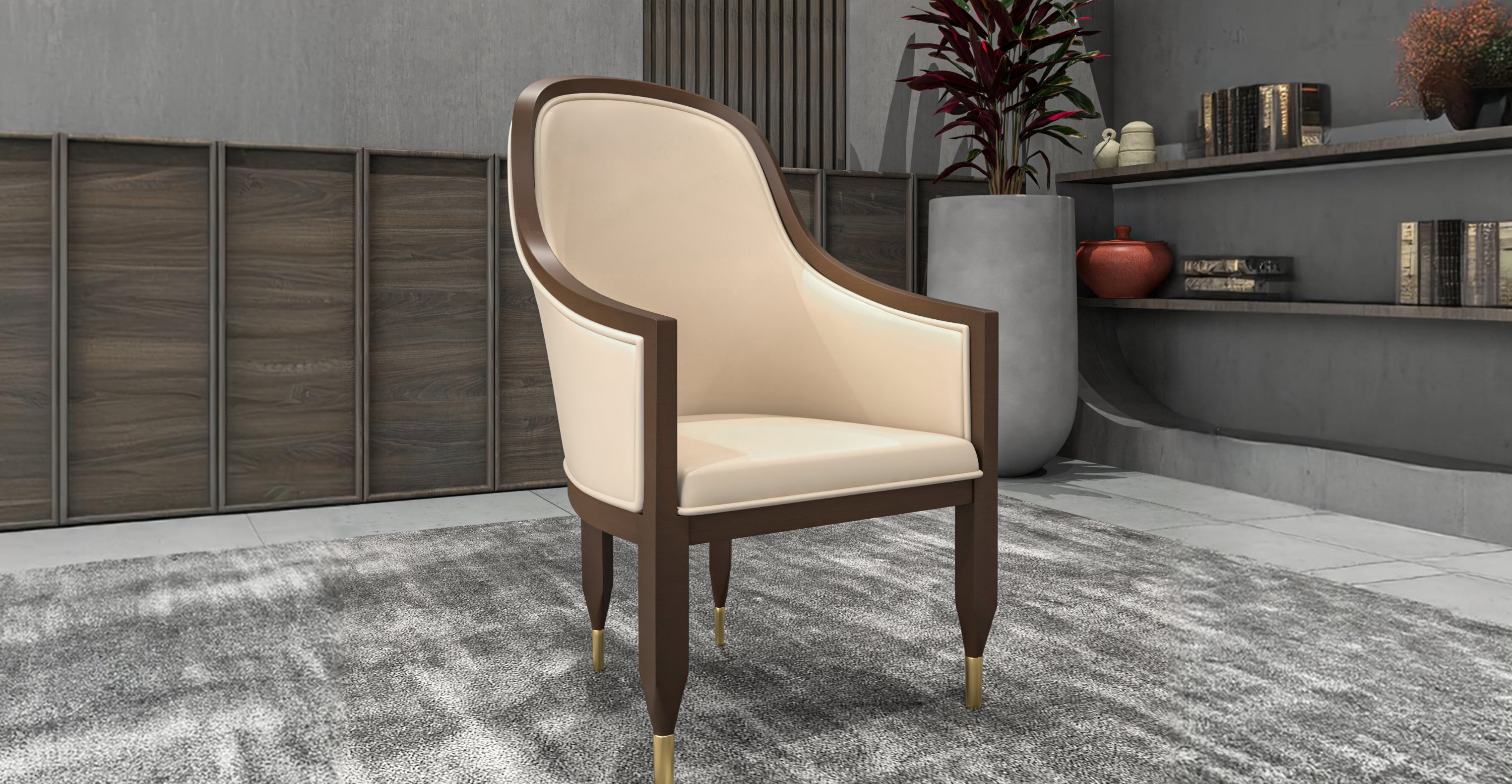 Belle Leather Dining Chair with Arms and Gold Metal Caps with Rubberwood Frame and Legs Cream