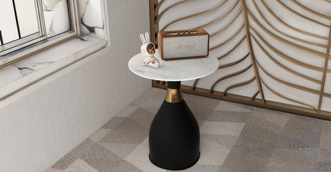 Bento Sintered Stone Top Side Table Round Accent Table Indoor Nightstand with Stainless Steel Black