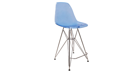 Cresco Modern Acrylic Barstool in Chrome Base for Kitchen and Dining Room Transparent Blue / Chrome