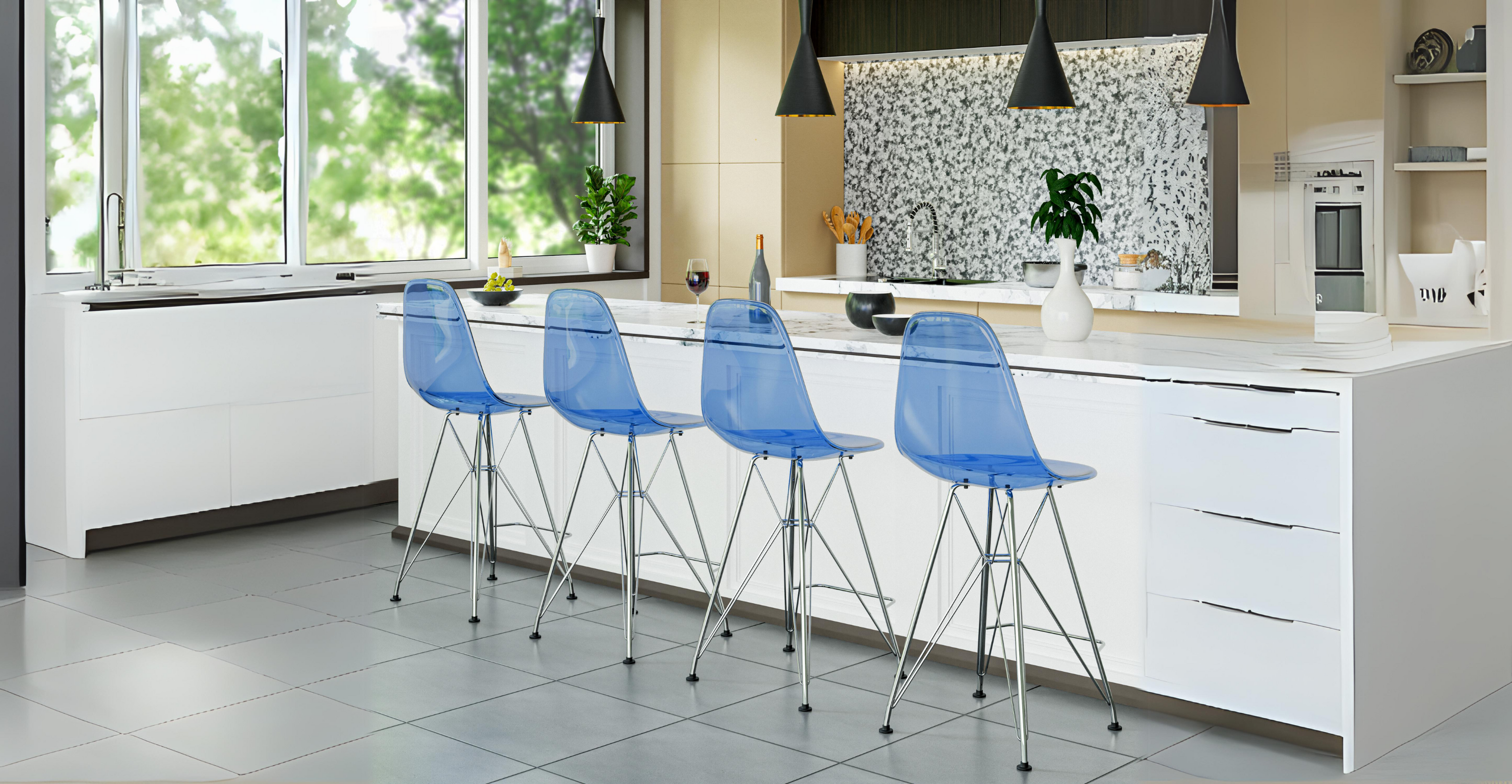 Cresco Modern Acrylic Barstool in Chrome Base for Kitchen and Dining Room Transparent Blue / Chrome