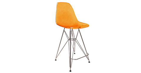 Cresco Modern Acrylic Barstool in Chrome Base for Kitchen and Dining Room Transparent Orange / Chrome