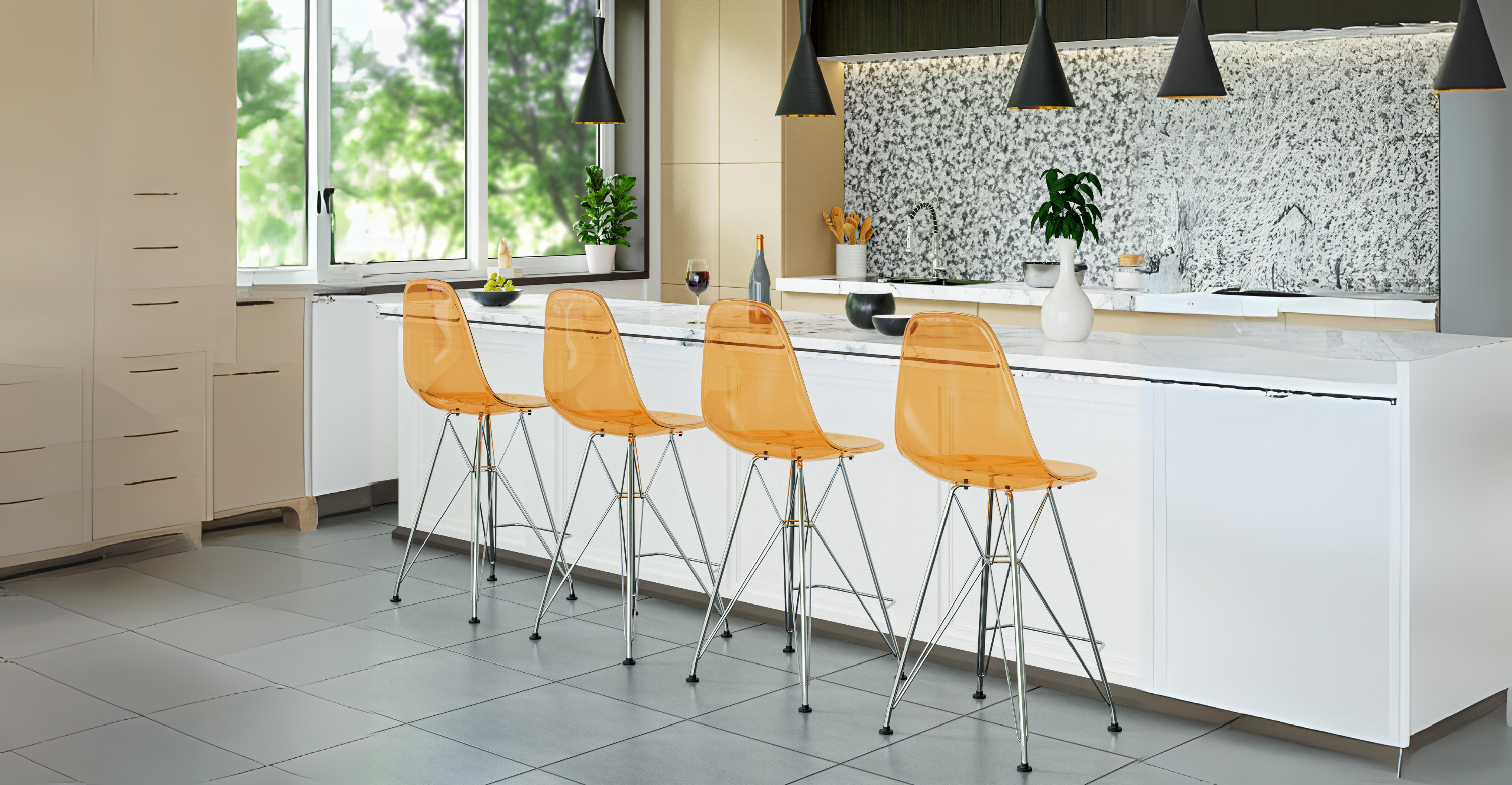 Cresco Modern Acrylic Barstool in Chrome Base for Kitchen and Dining Room Transparent Orange / Chrome