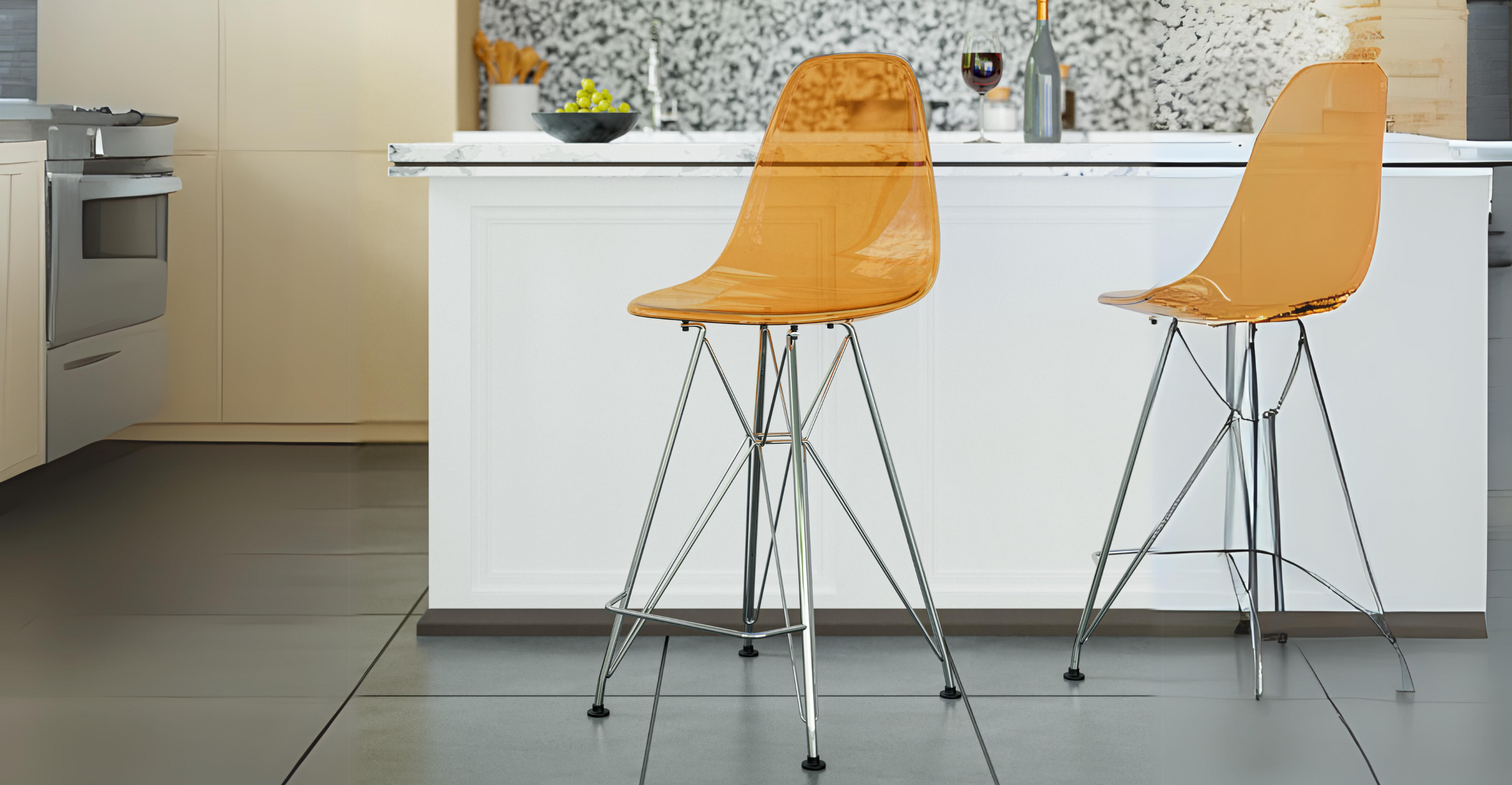 Cresco Modern Acrylic Barstool in Chrome Base for Kitchen and Dining Room Transparent Orange / Chrome