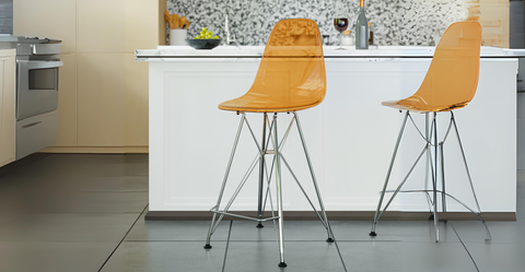 Cresco Modern Acrylic Barstool in Chrome Base for Kitchen and Dining Room Transparent Orange / Chrome