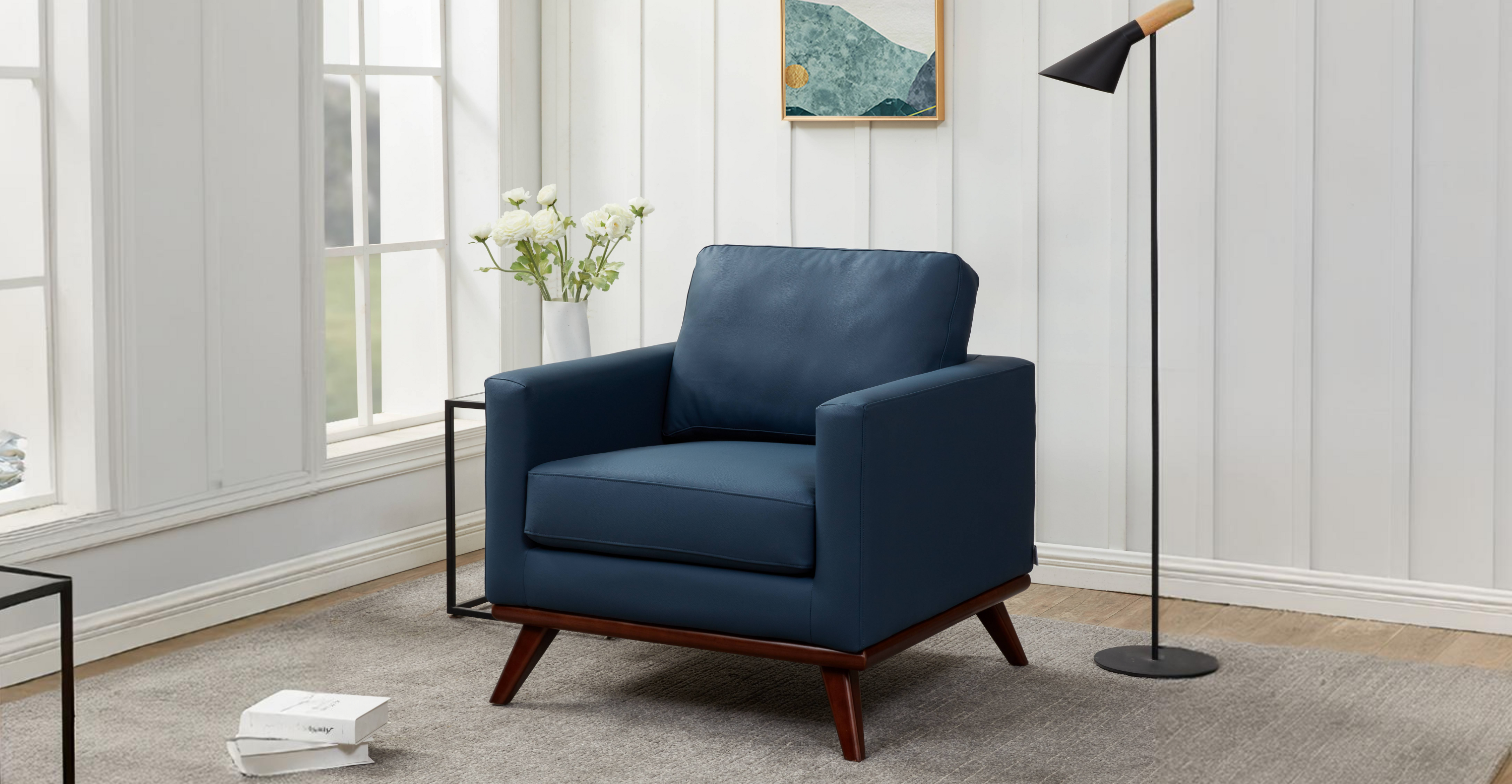 Chester Modern Leather Accent Arm Chair With Birch Wood Base Navy Blue