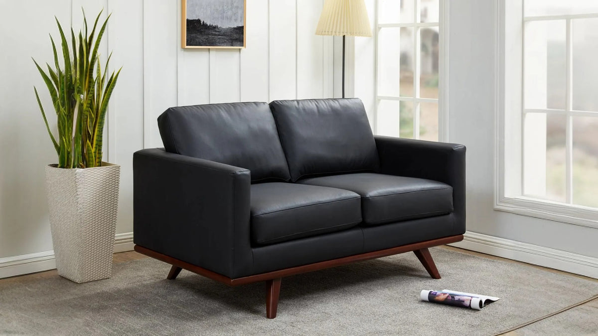 Birch Wood Base Leather Loveseat - Chester Collection Black