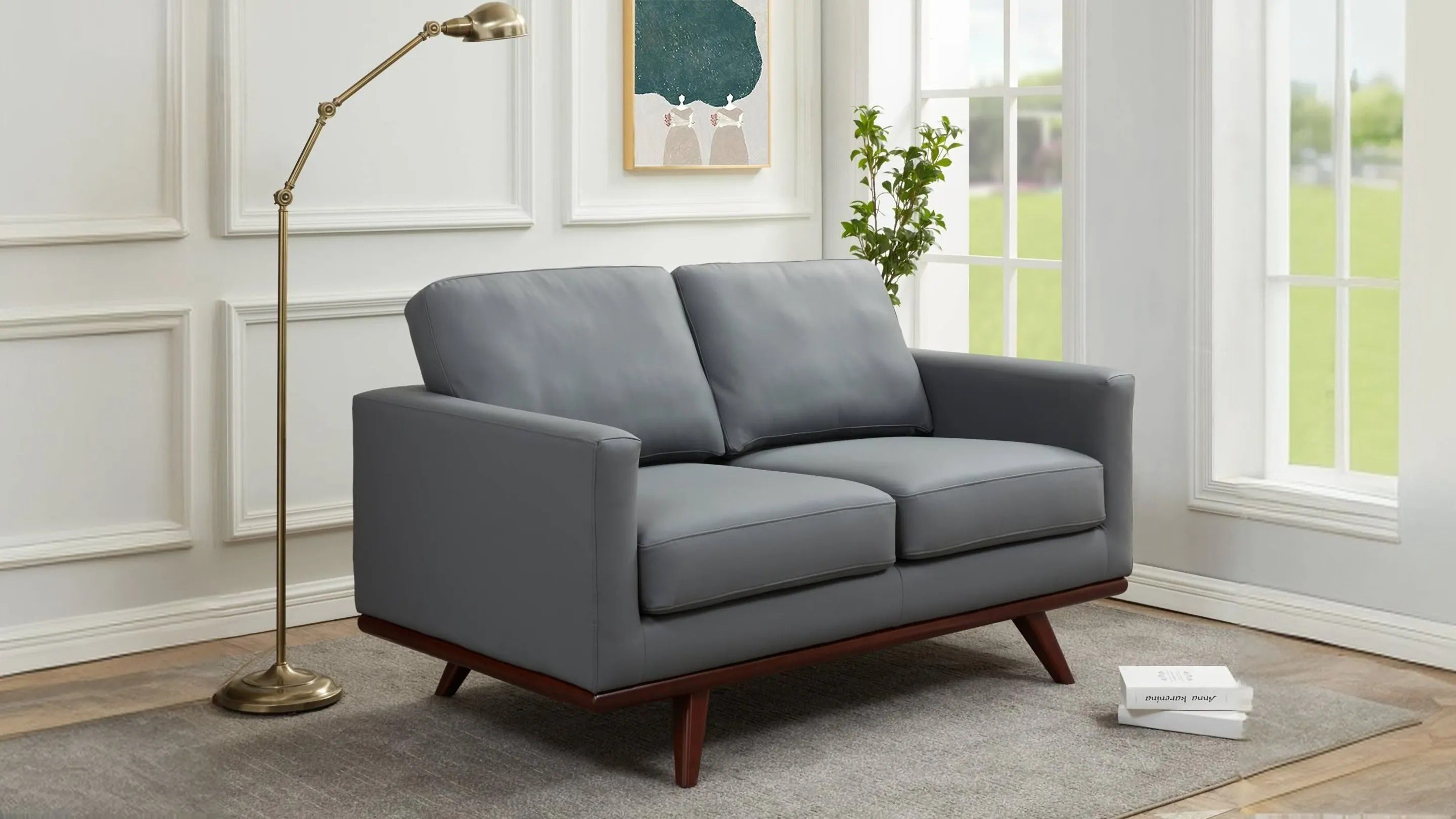 Birch Wood Base Leather Loveseat - Chester Collection Grey