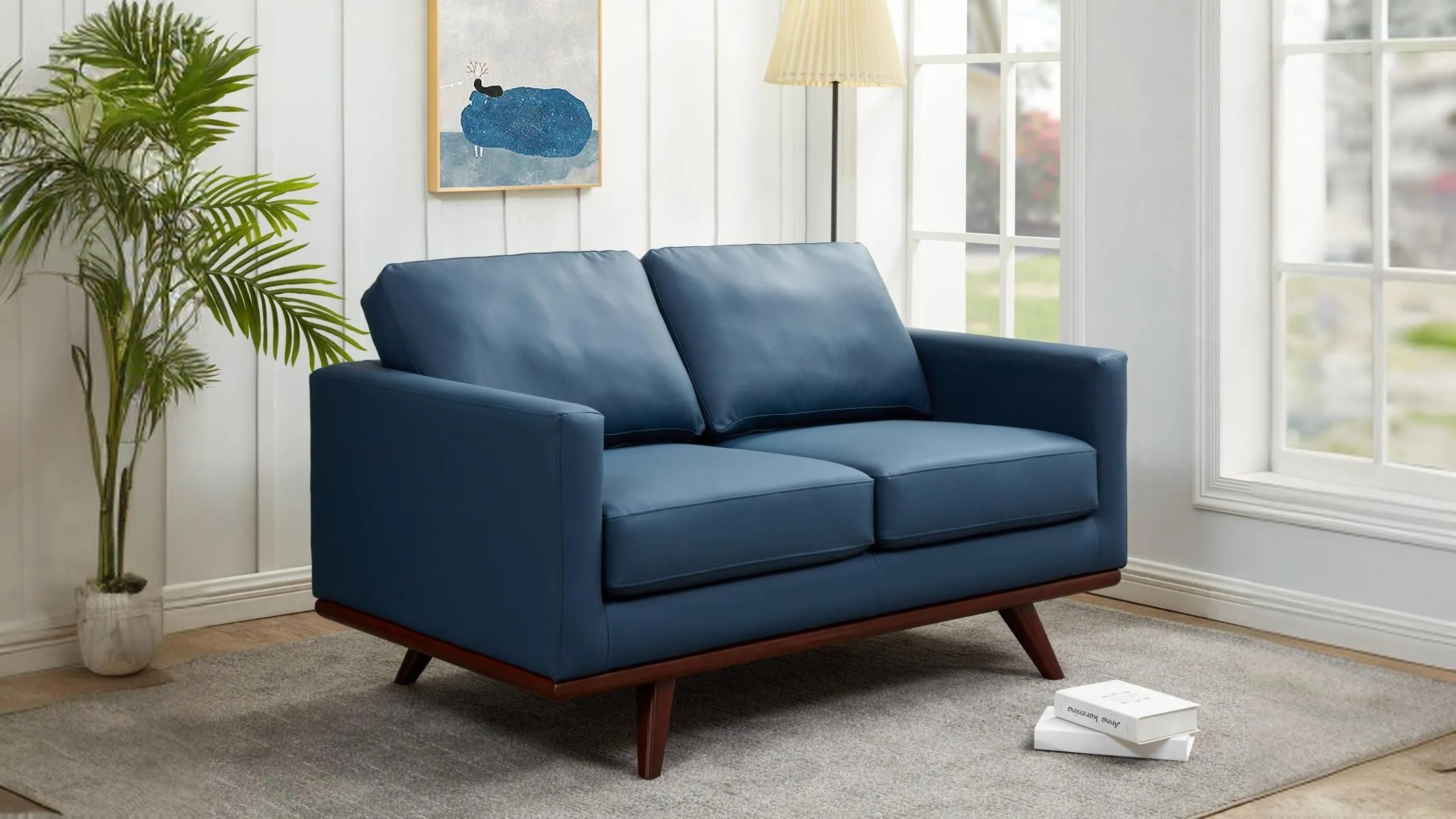 Birch Wood Base Leather Loveseat - Chester Collection Navy Blue