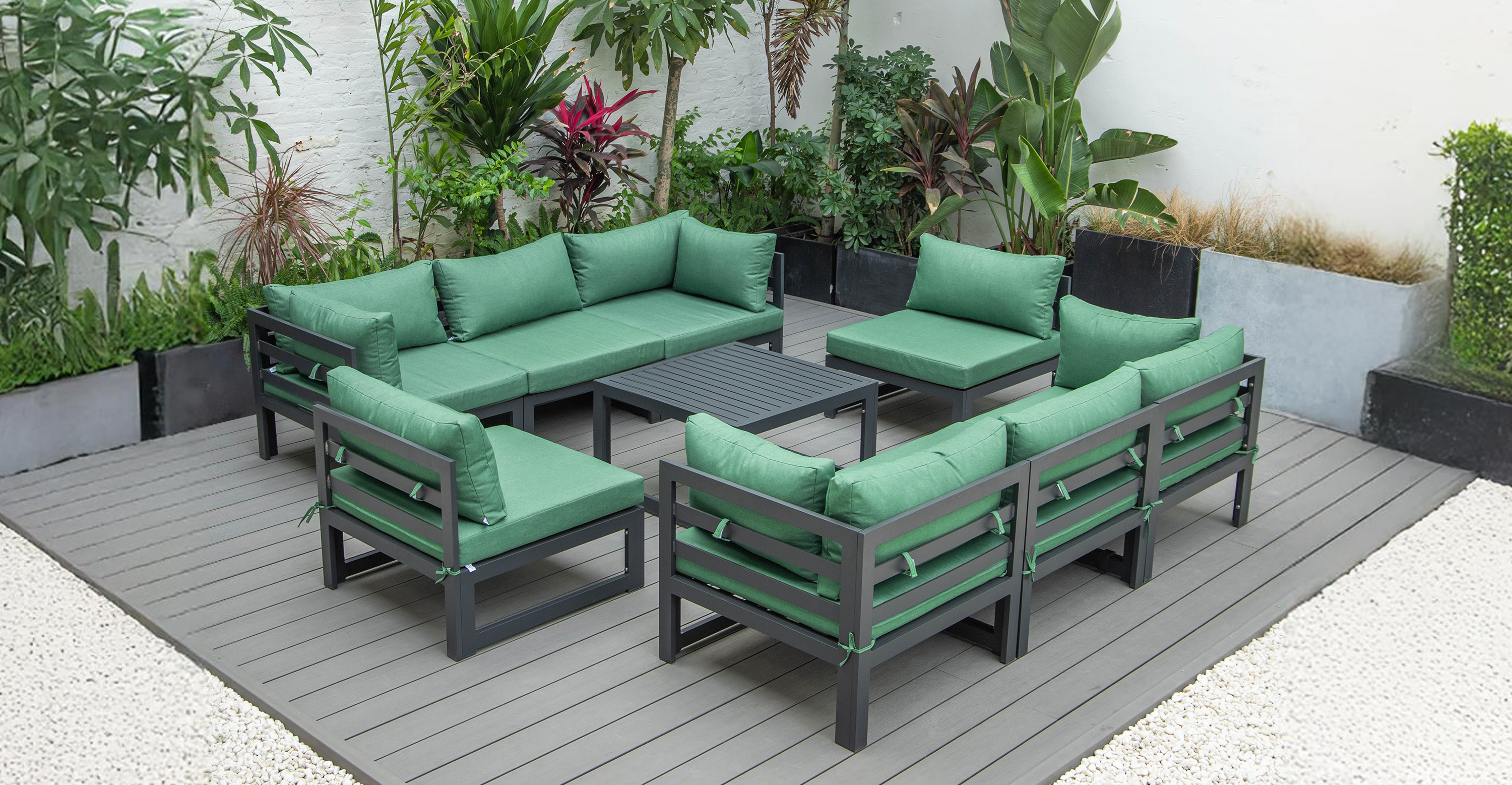 Chelsea 9-Piece Patio Sectional with Coffee Table Black Aluminum With Cushions Green