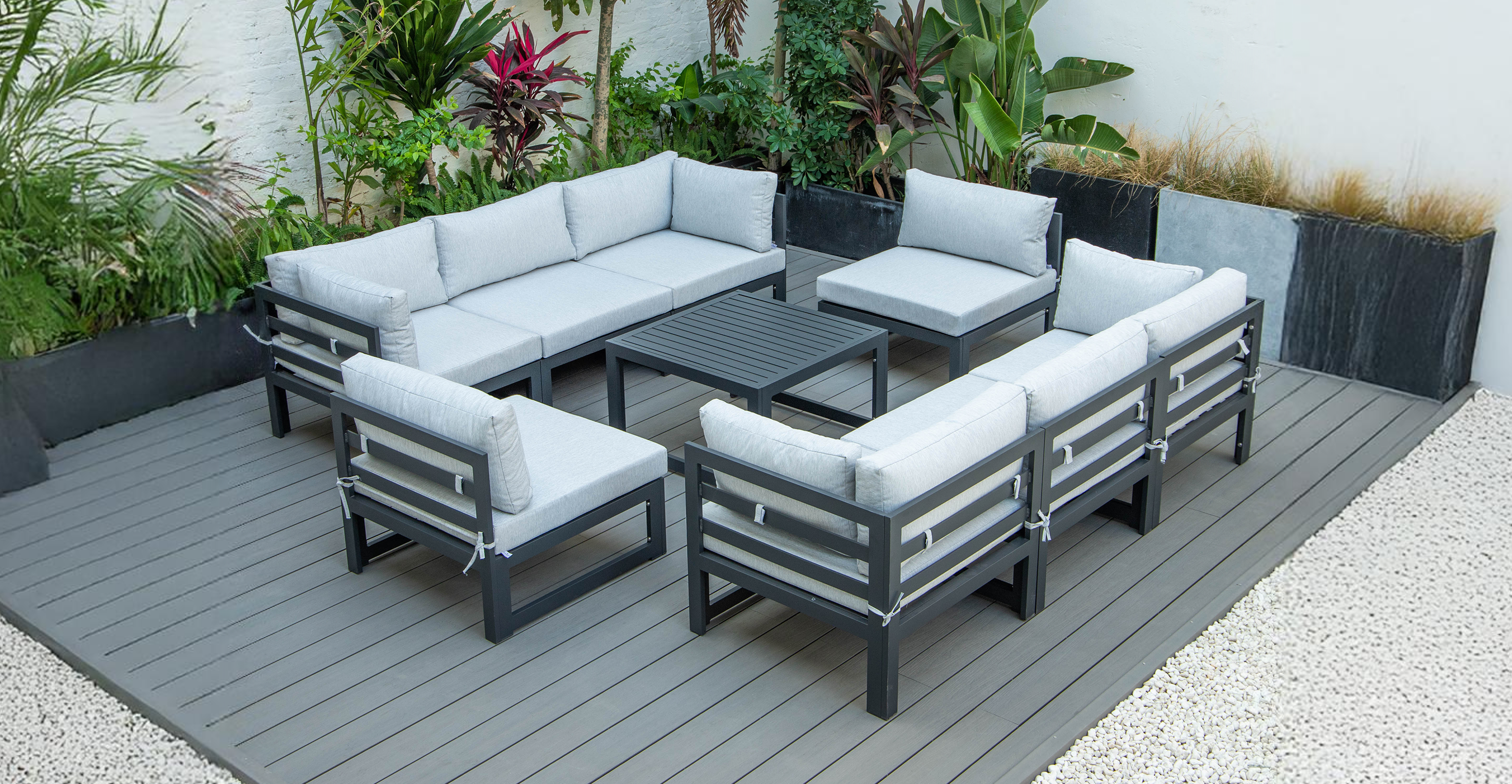 Chelsea 9-Piece Patio Sectional with Coffee Table Black Aluminum With Cushions Grey