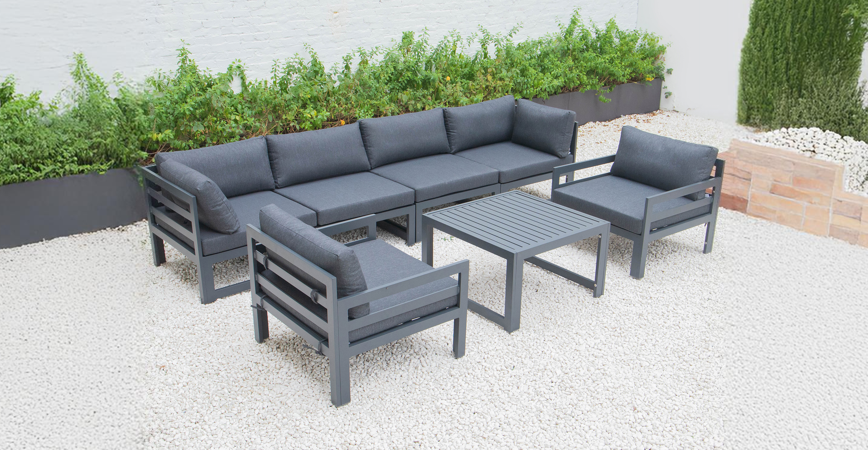 Chelsea 7-Piece Patio Sectional & Coffee Table Set Black Aluminum With Cushions Black