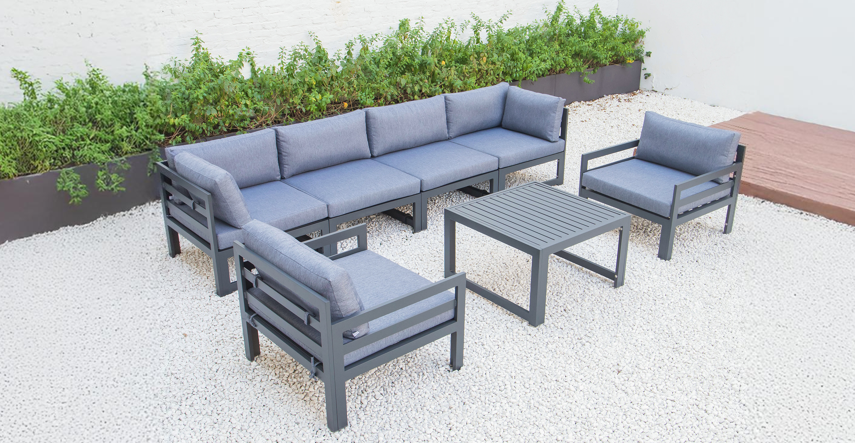 Chelsea 7-Piece Patio Sectional & Coffee Table Set Black Aluminum With Cushions Blue