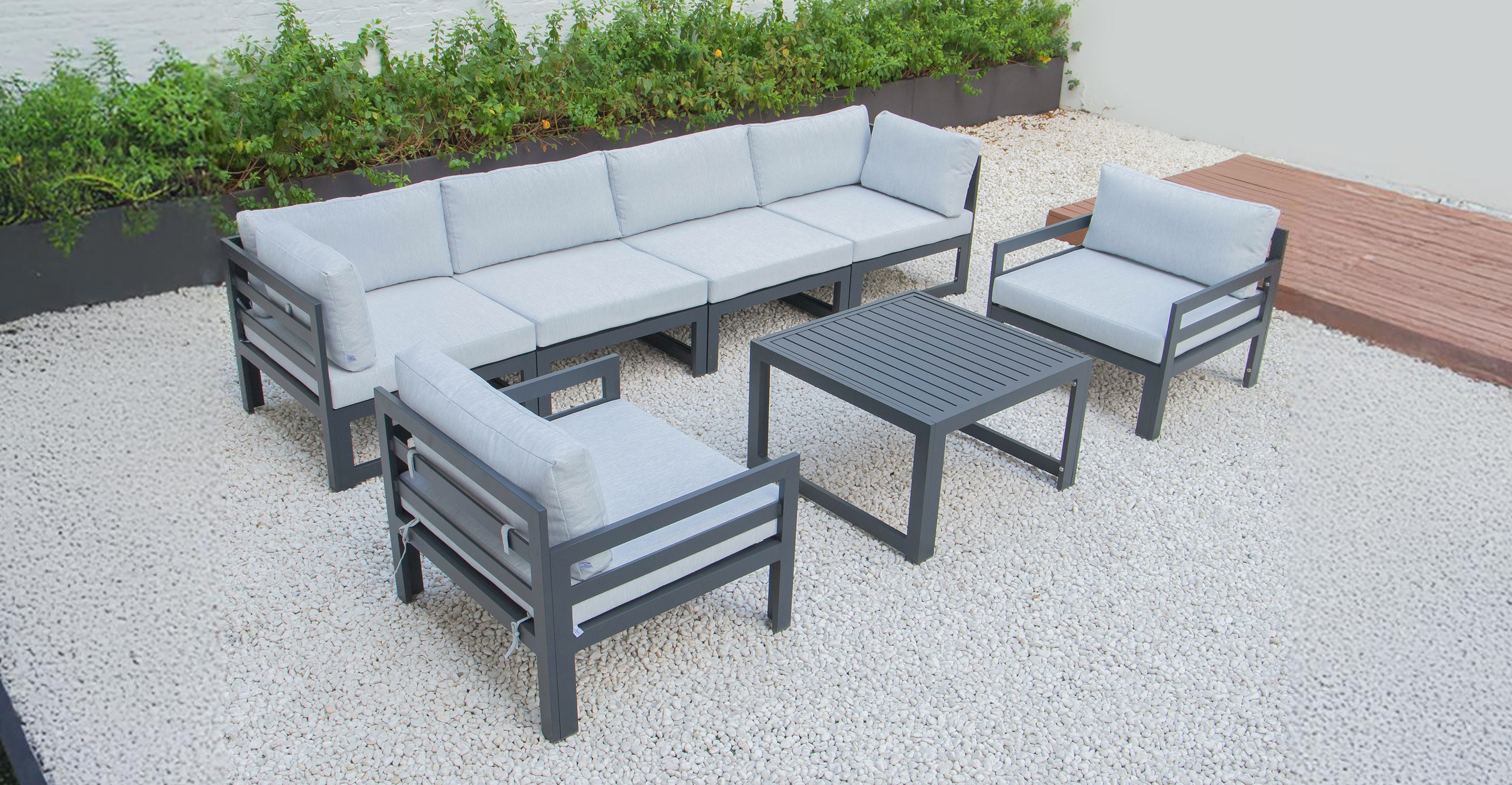 Chelsea 7-Piece Patio Sectional & Coffee Table Set Black Aluminum With Cushions Light Grey